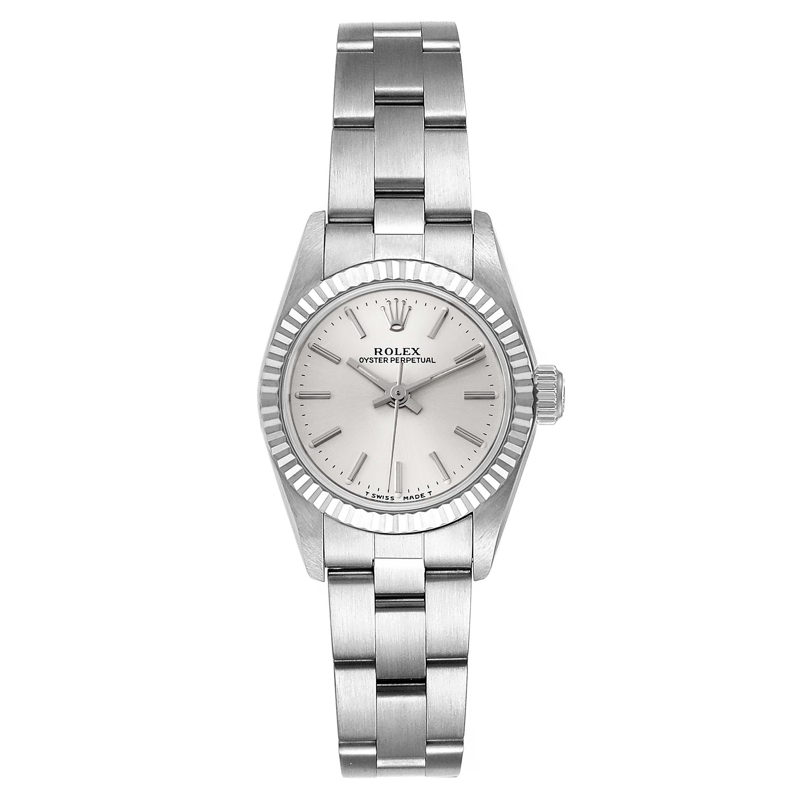 This image shows a Rolex Datejust 67194 Women
s Stainless Steel Silver Dial 67194 Women
s Stainless Steel Silver Dial watch from a top-down angle displaying its dial, bezel, and bracelet.