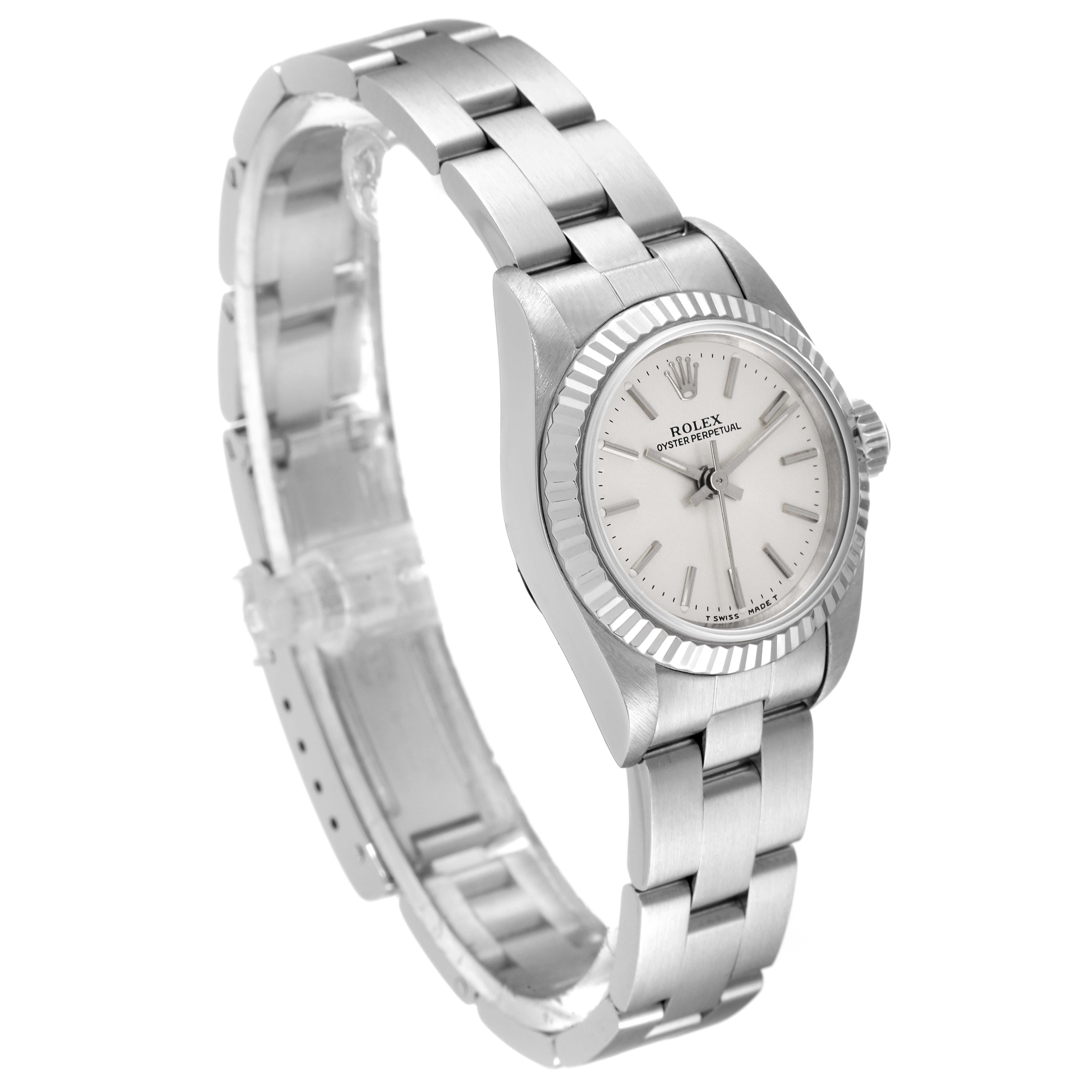 The Rolex Datejust 67194 Women
s Stainless Steel Silver Dial 67194 Women
s Stainless Steel Silver Dial watch is shown at a slight angle, displaying its face, bezel, and bracelet.