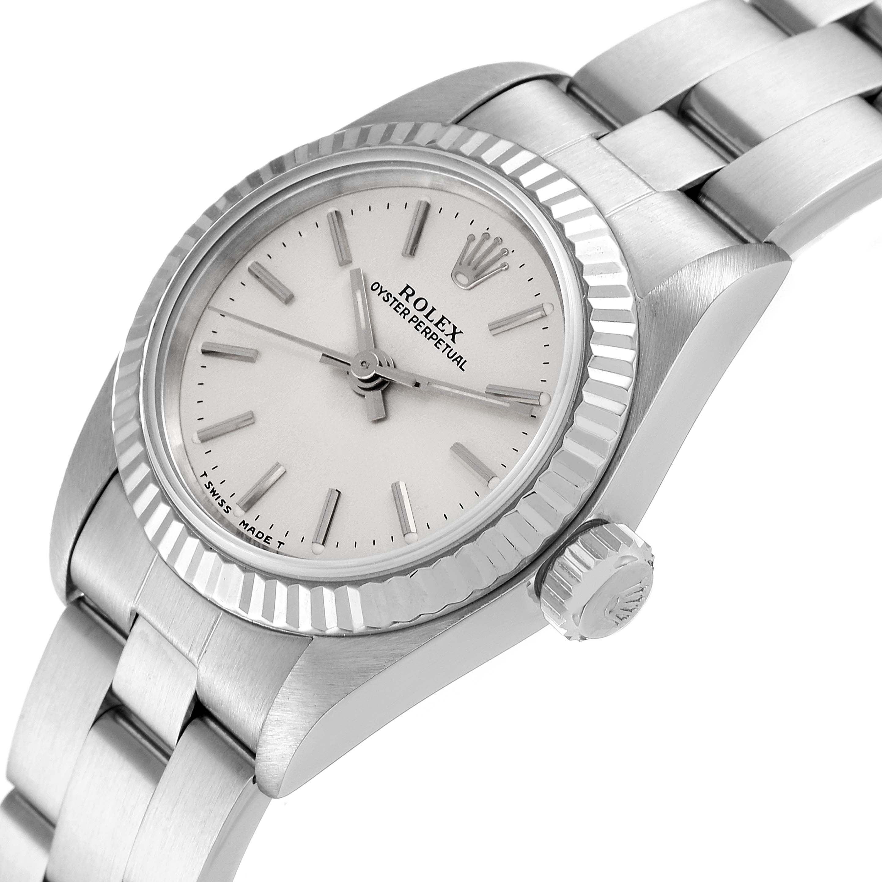This image shows a close-up of the Rolex Datejust 67194 Women
s Stainless Steel Silver Dial 67194 Women
s Stainless Steel Silver Dial watch, highlighting its face, bezel, crown, and bracelet from an angled view.