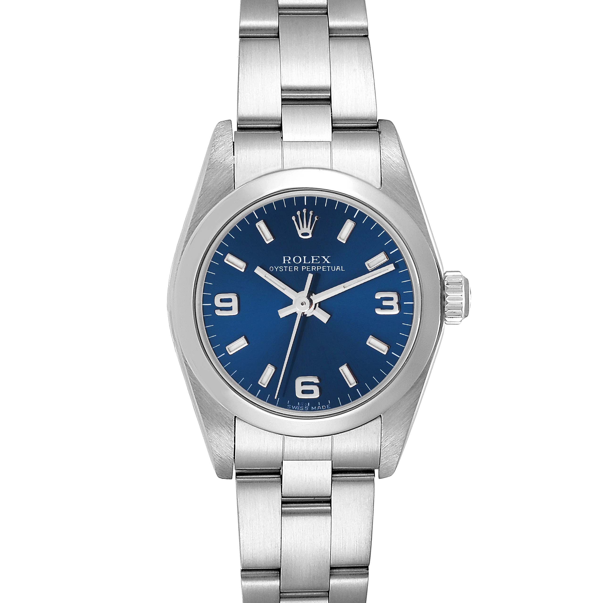 This image shows a front view of a Rolex Oyster Perpetual 76080 Women's Stainless Steel Blue Dial 76080 Women's Stainless Steel Blue Dial watch displaying its blue dial and stainless steel bracelet.