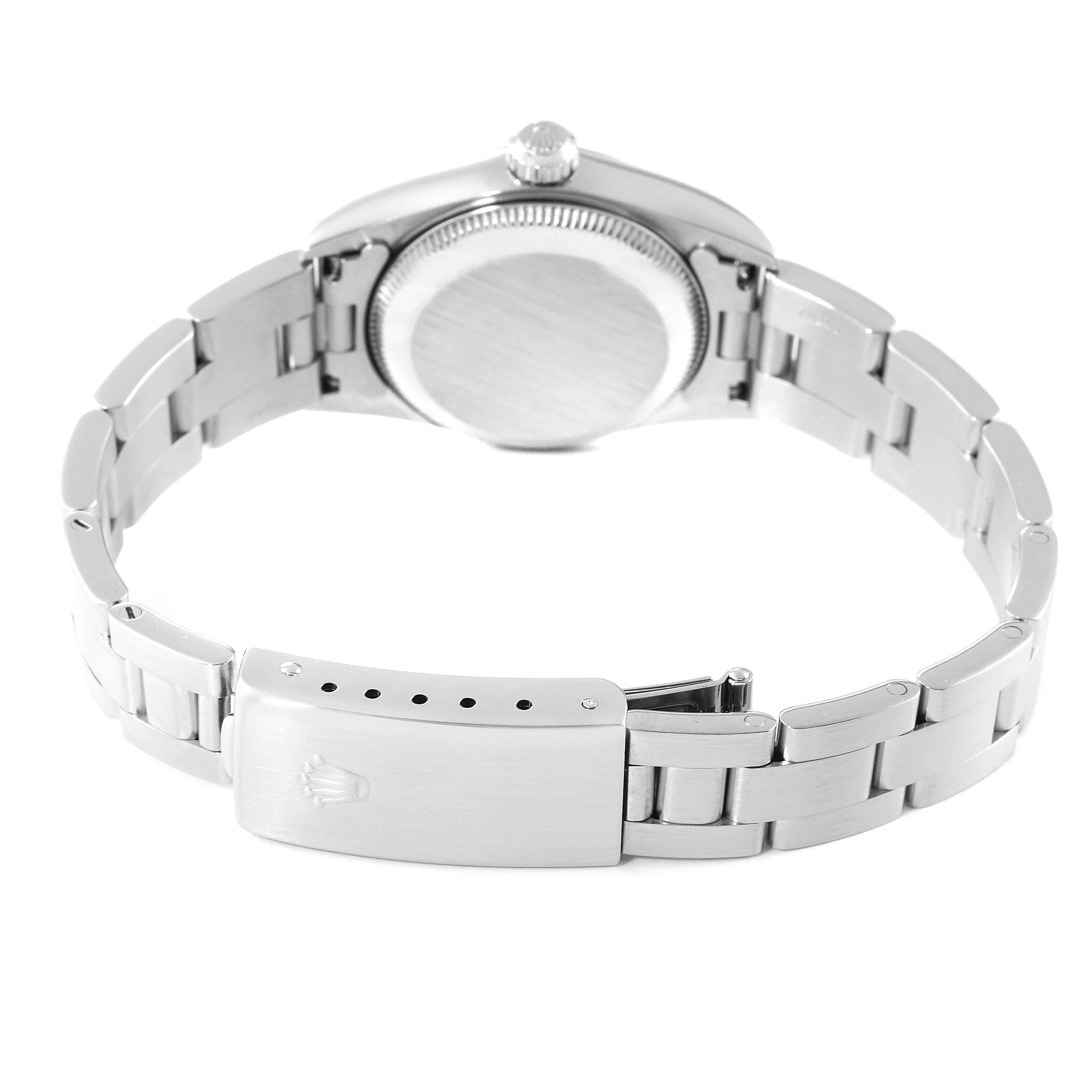 The Rolex Oyster Perpetual 76080 Women's Stainless Steel Blue Dial 76080 Women's Stainless Steel Blue Dial watch is shown from the back, displaying the case back, bracelet, and clasp.