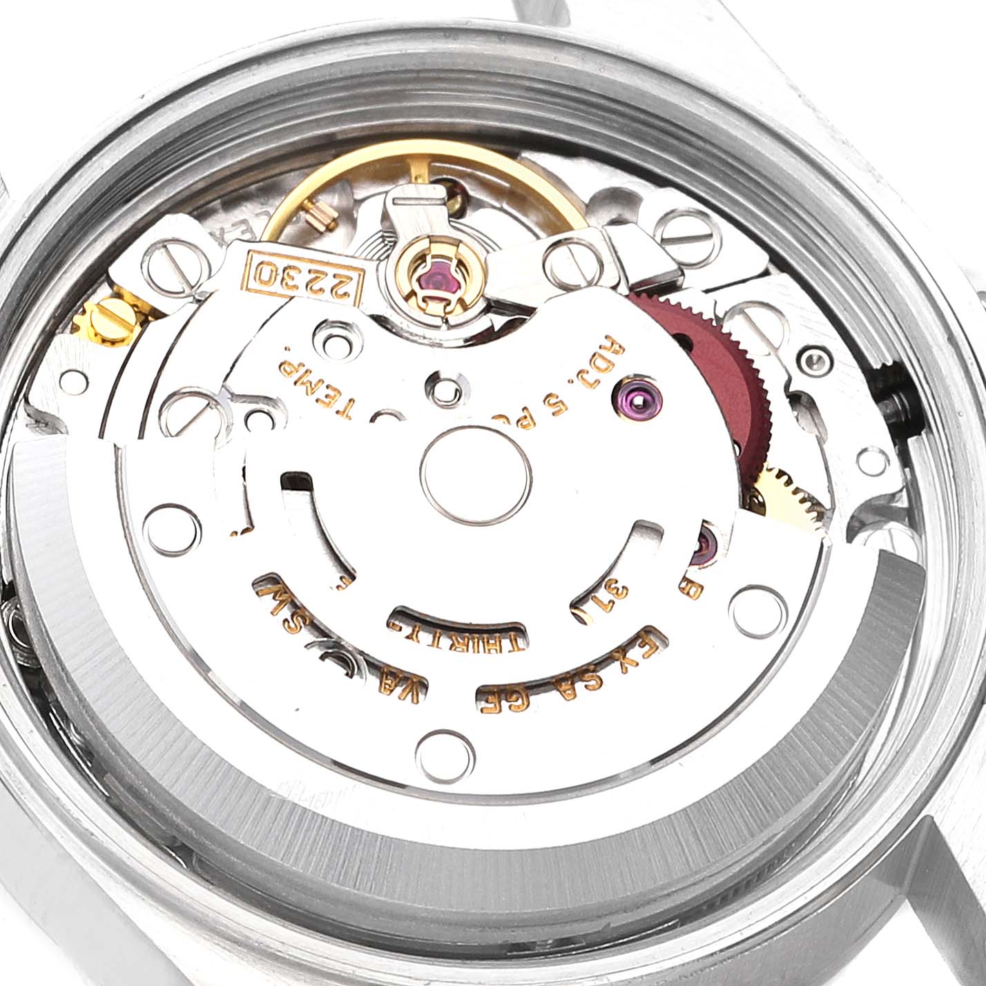 This image shows the internal movement components of a Rolex Oyster Perpetual 76080 Women's Stainless Steel Blue Dial 76080 Women's Stainless Steel Blue Dial watch from a close-up, top-down angle.