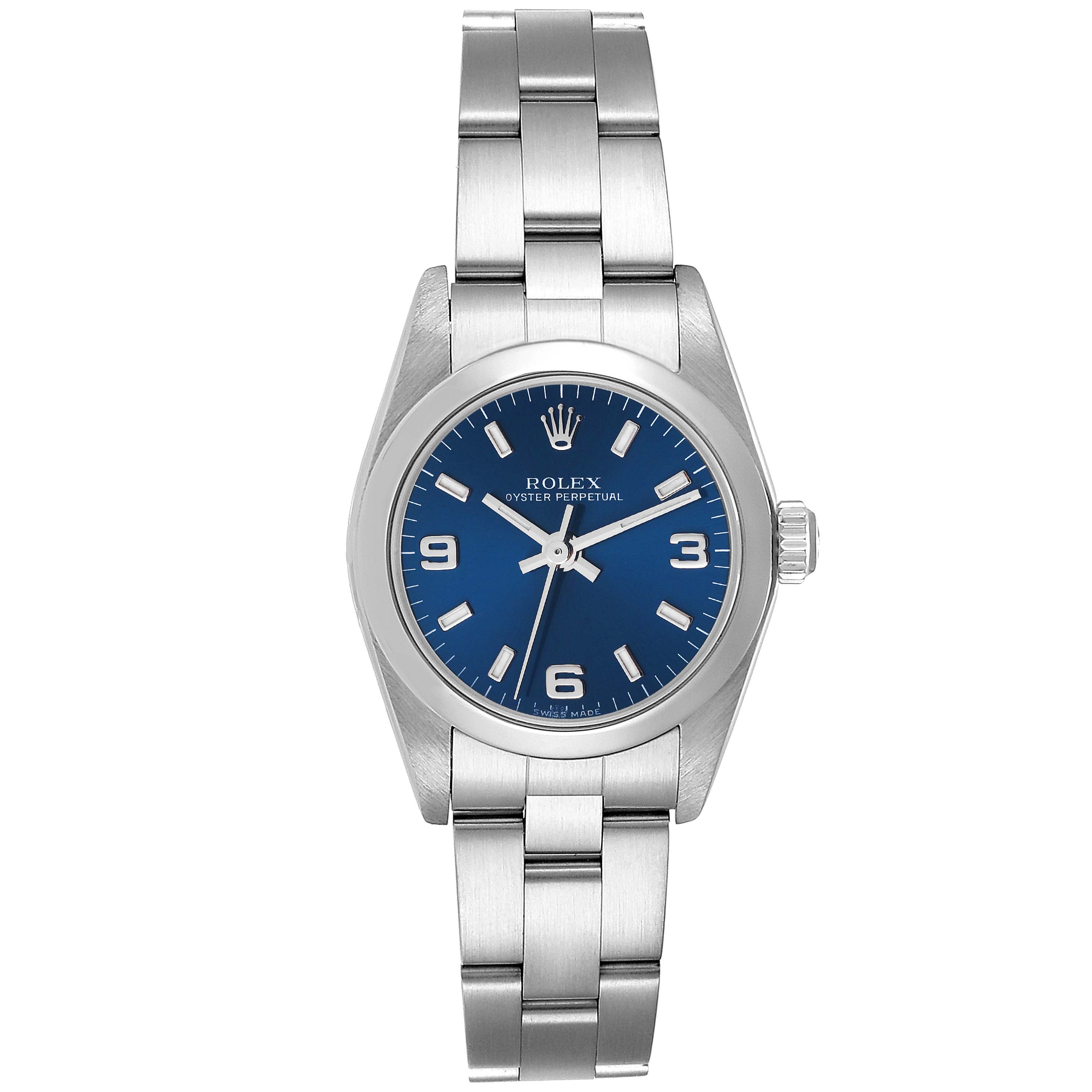 The image shows the front view of the Rolex Oyster Perpetual 76080 Women's Stainless Steel Blue Dial 76080 Women's Stainless Steel Blue Dial watch, highlighting its blue dial and metal bracelet.