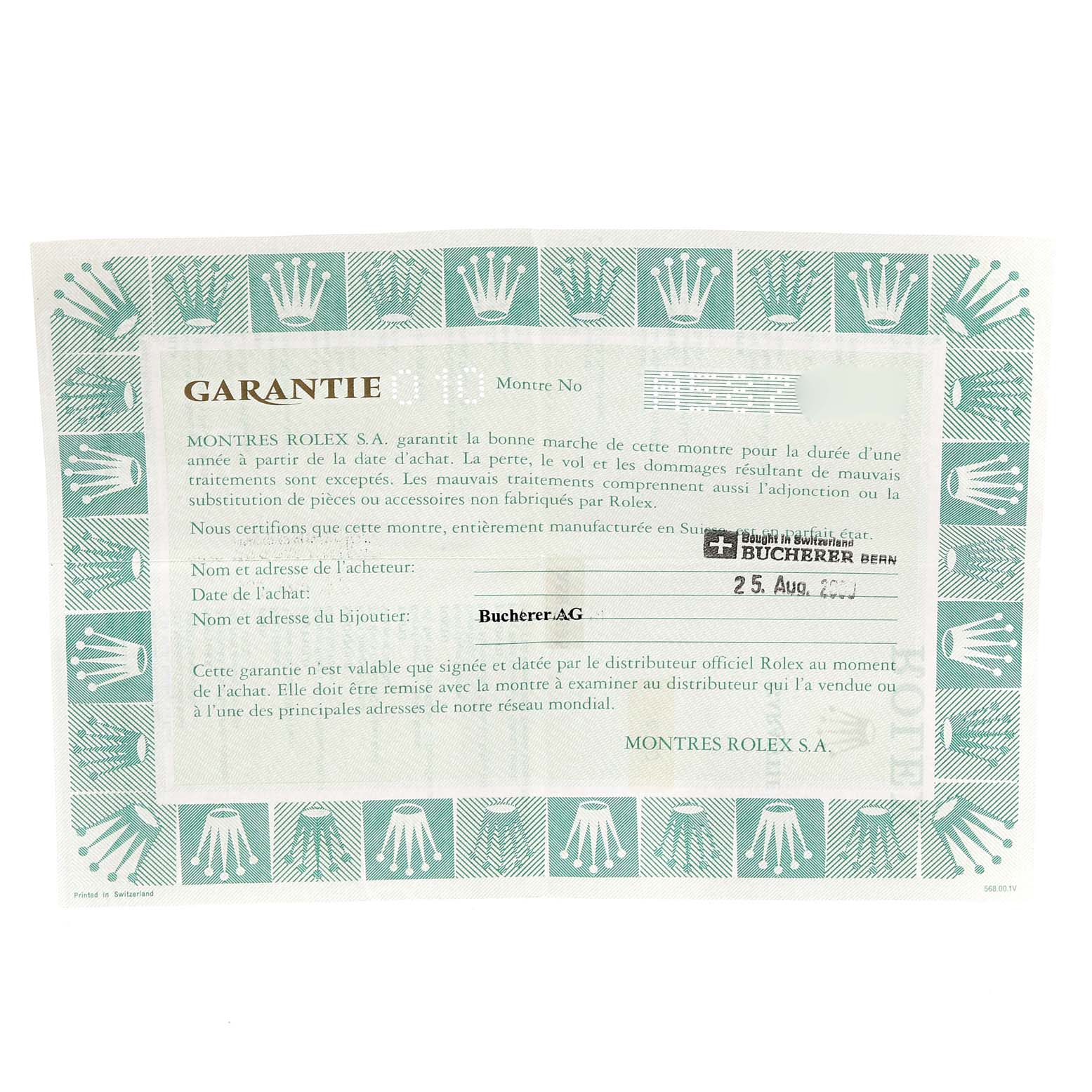 This image shows the warranty certificate for a Rolex Oyster Perpetual 76080 Women's Stainless Steel Blue Dial 76080 Women's Stainless Steel Blue Dial model.