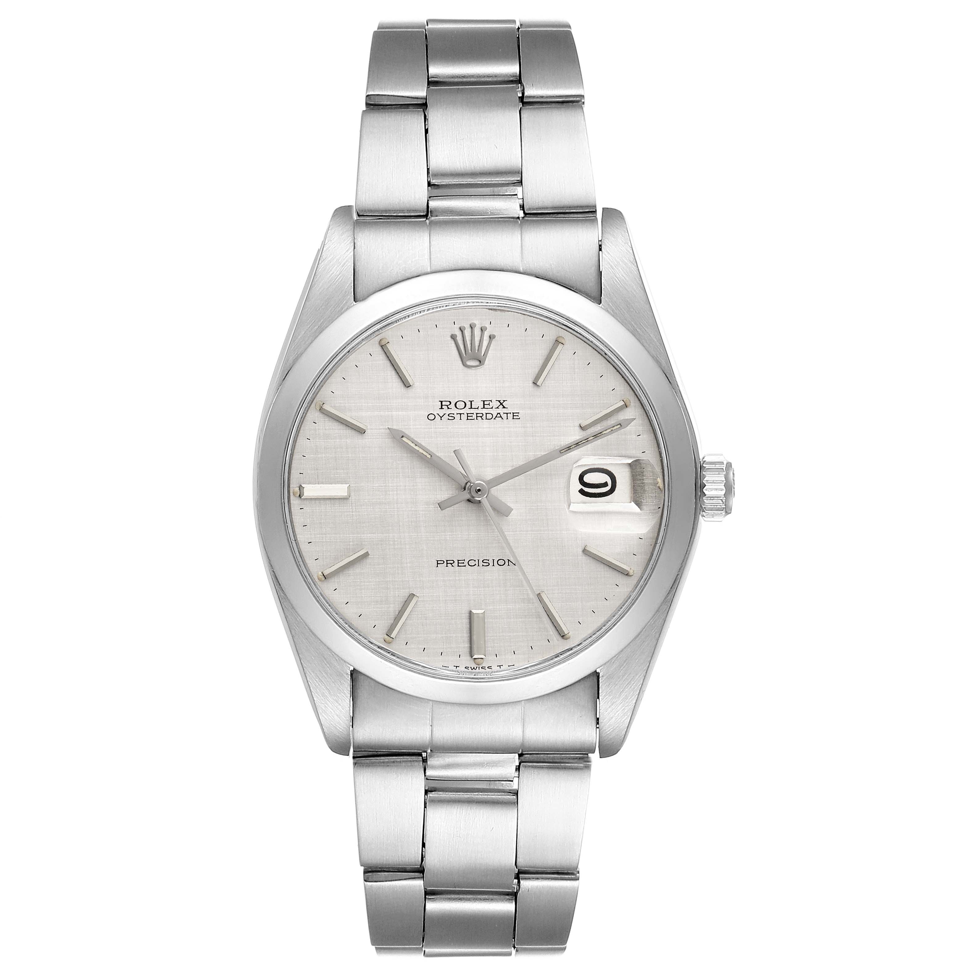 This image shows a front view of the Rolex Vintage Collection 6694 Men
s Stainless Steel Silver Dial 6694 Men
s Stainless Steel Silver Dial Oysterdate Precision watch, including its dial, hands, bracelet, and date window at 3 o
clock.