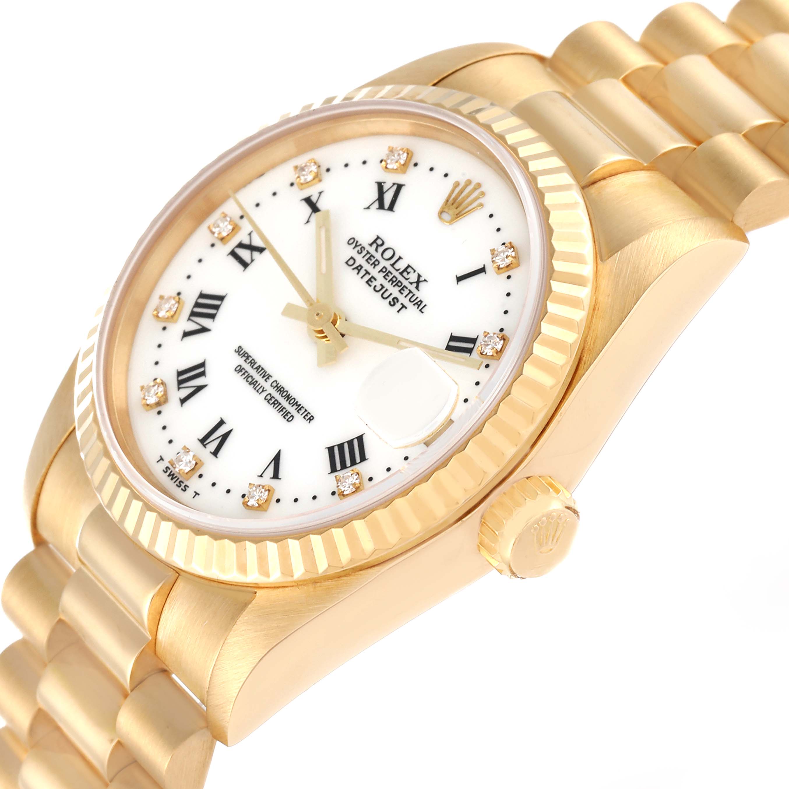 The image shows a close-up angled view of a Rolex President 68278 Women's Yellow Gold White Dial 68278 Women's Yellow Gold White Dial model watch, highlighting the face, crown, and part of the bracelet.