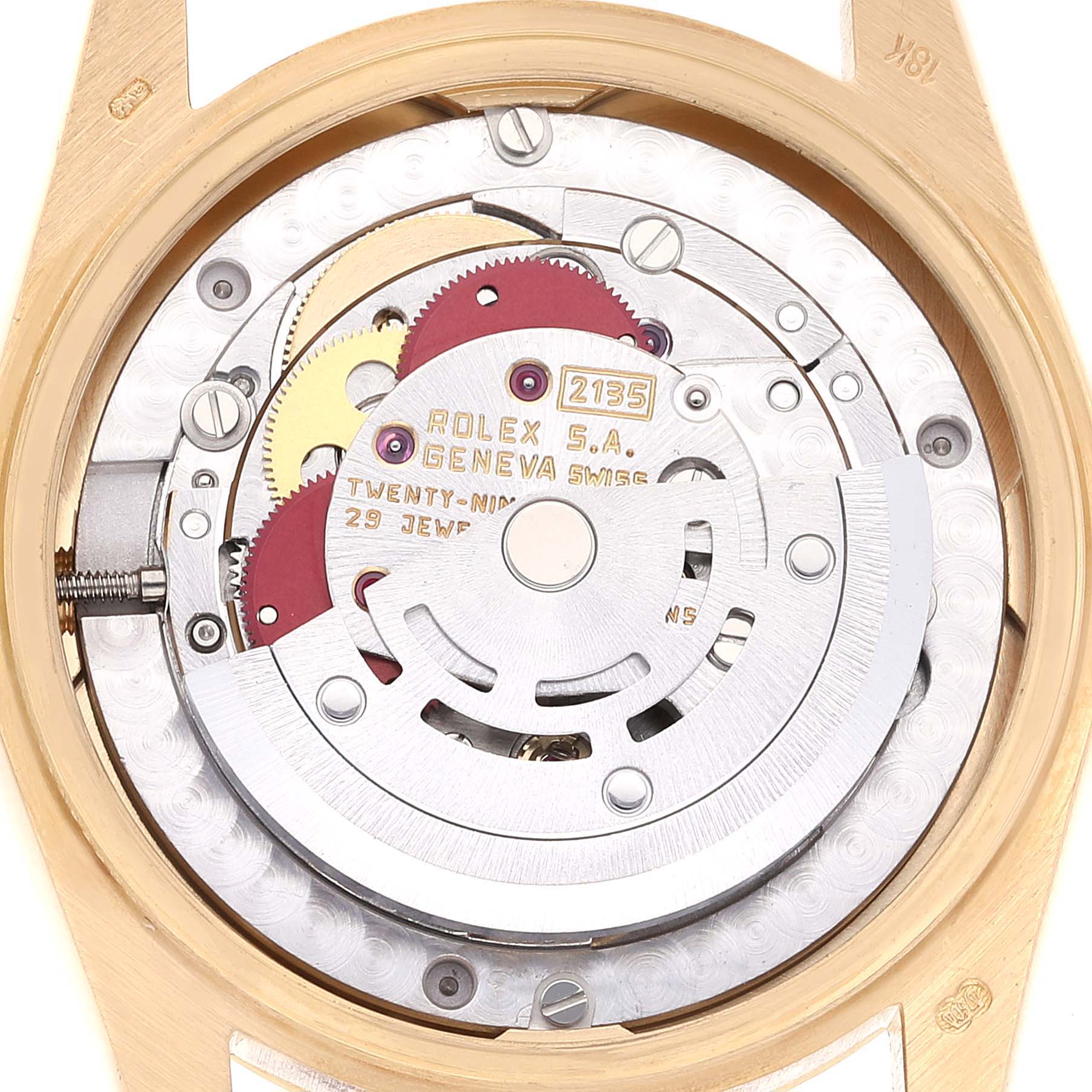 The image shows the movement mechanism of a Rolex President 68278 Women's Yellow Gold White Dial 68278 Women's Yellow Gold White Dial model watch with detailed components visible.