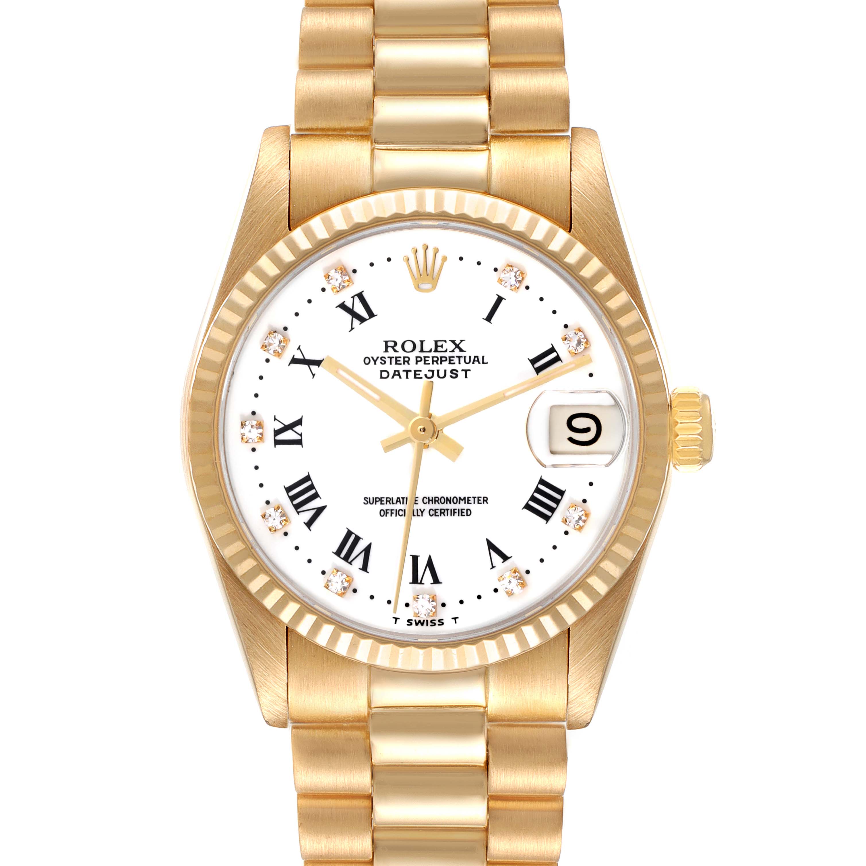 The Rolex President 68278 Women's Yellow Gold White Dial 68278 Women's Yellow Gold White Dial model watch shown is angled directly from the front, displaying the face, bezel, and part of the bracelet.