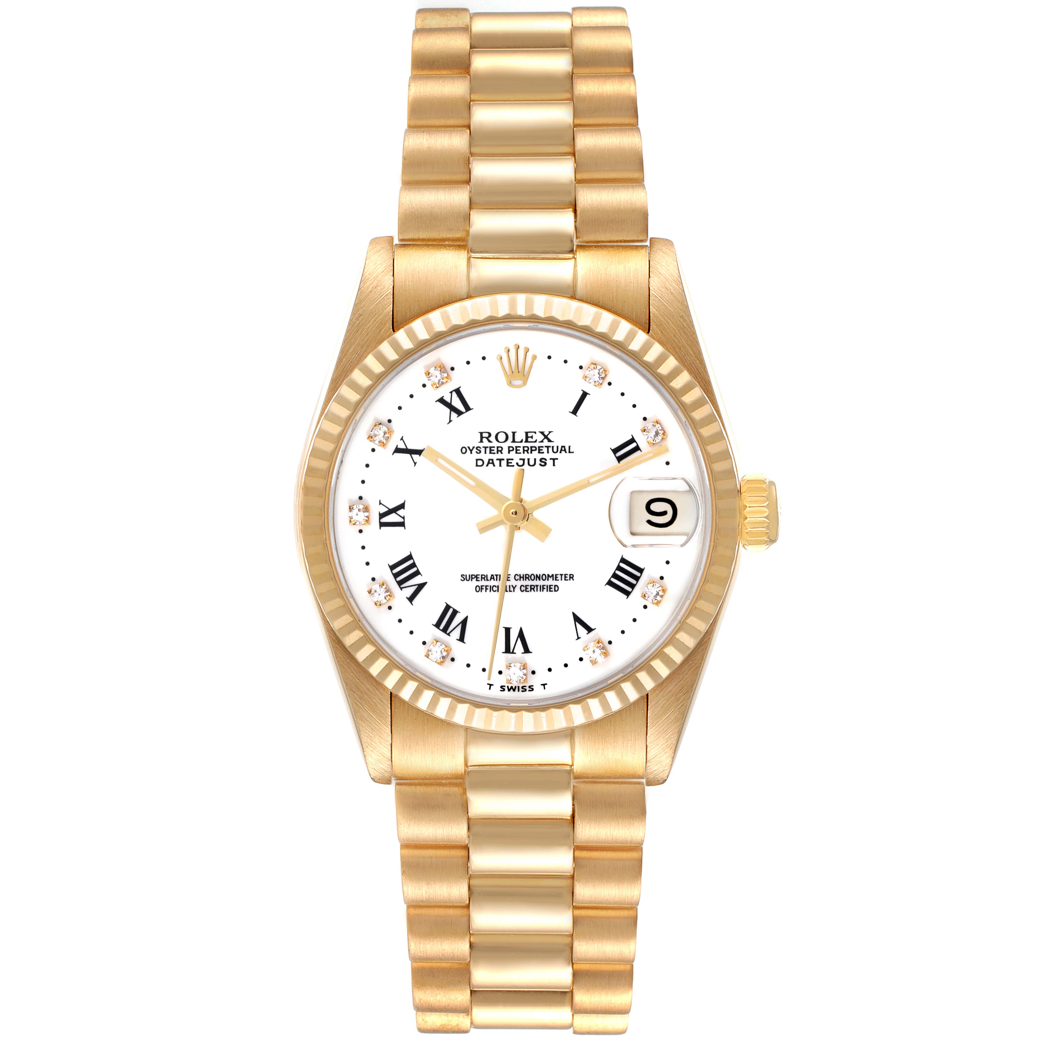 The Rolex President 68278 Women's Yellow Gold White Dial 68278 Women's Yellow Gold White Dial model watch is shown from a top-down angle, displaying the dial, case, and bracelet.