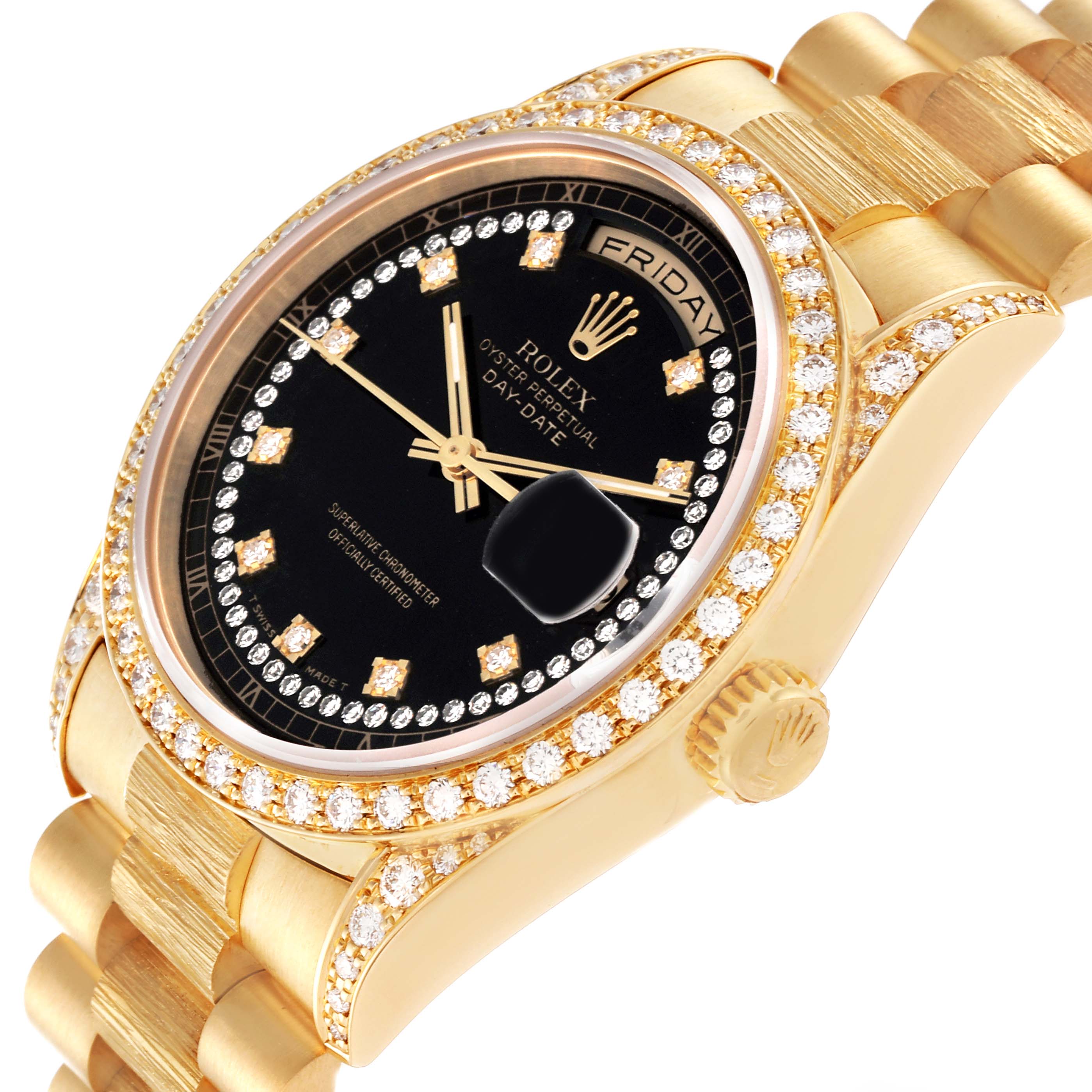 This image shows a close-up angled view of a Rolex President 18388 Men's Yellow Gold Black Dial 18388 Men's Yellow Gold Black Dial model watch, highlighting the diamond-encrusted bezel, dial, and bracelet.