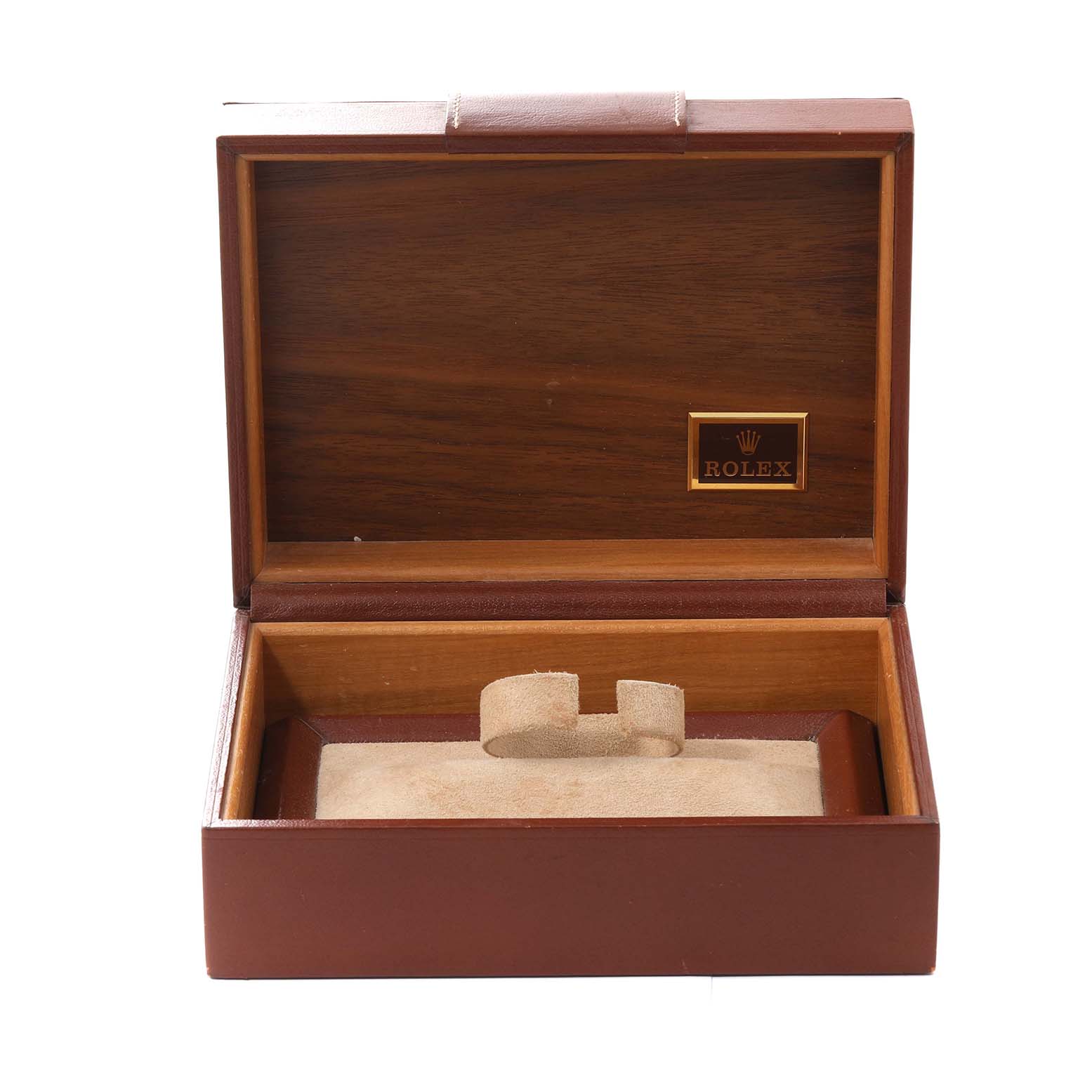 This image shows an open presentation box for a Rolex President 18388 Men's Yellow Gold Black Dial 18388 Men's Yellow Gold Black Dial watch, displaying the interior compartments.