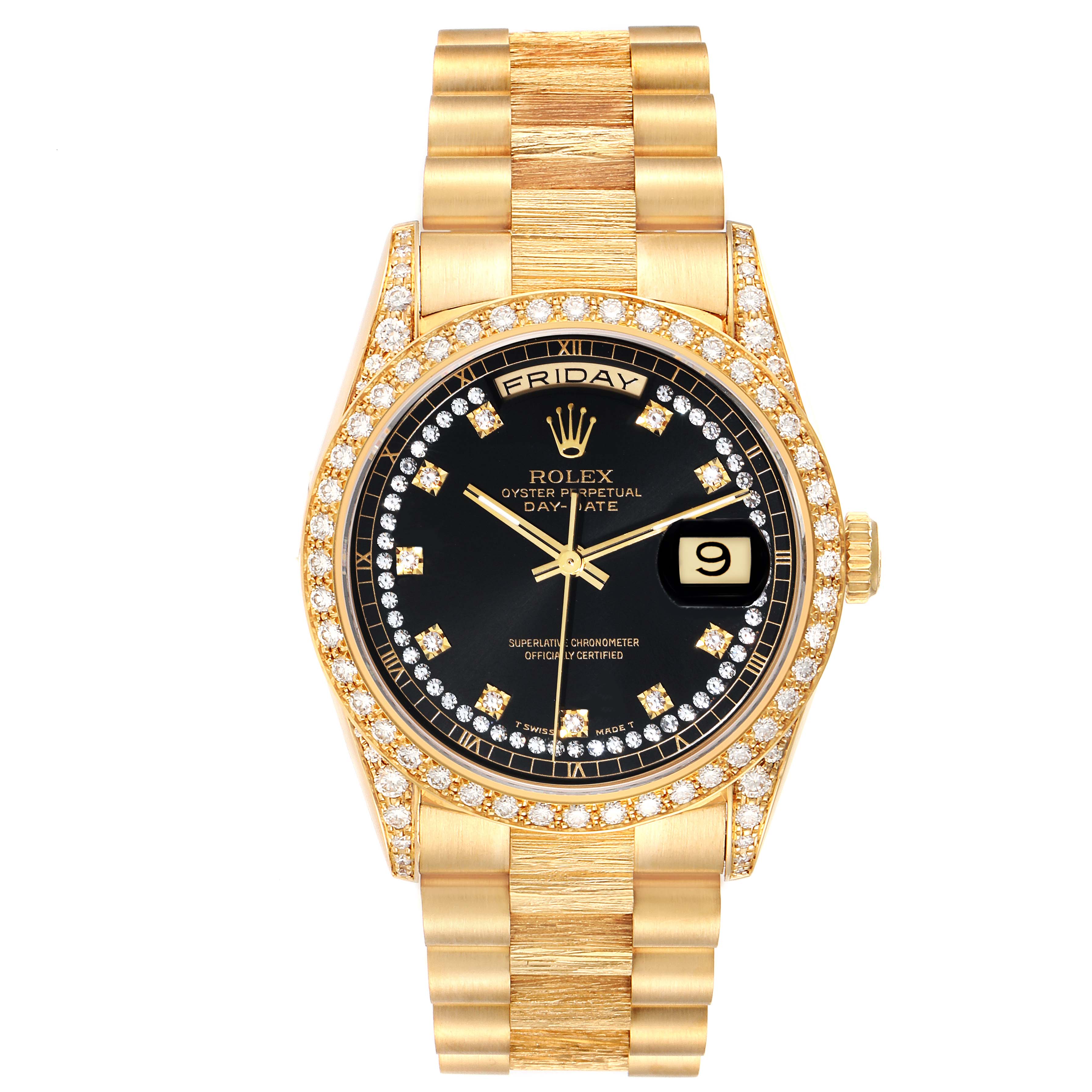 This image shows the front view of a Rolex President 18388 Men's Yellow Gold Black Dial 18388 Men's Yellow Gold Black Dial model watch, highlighting its gold case, black dial, and diamond accents.