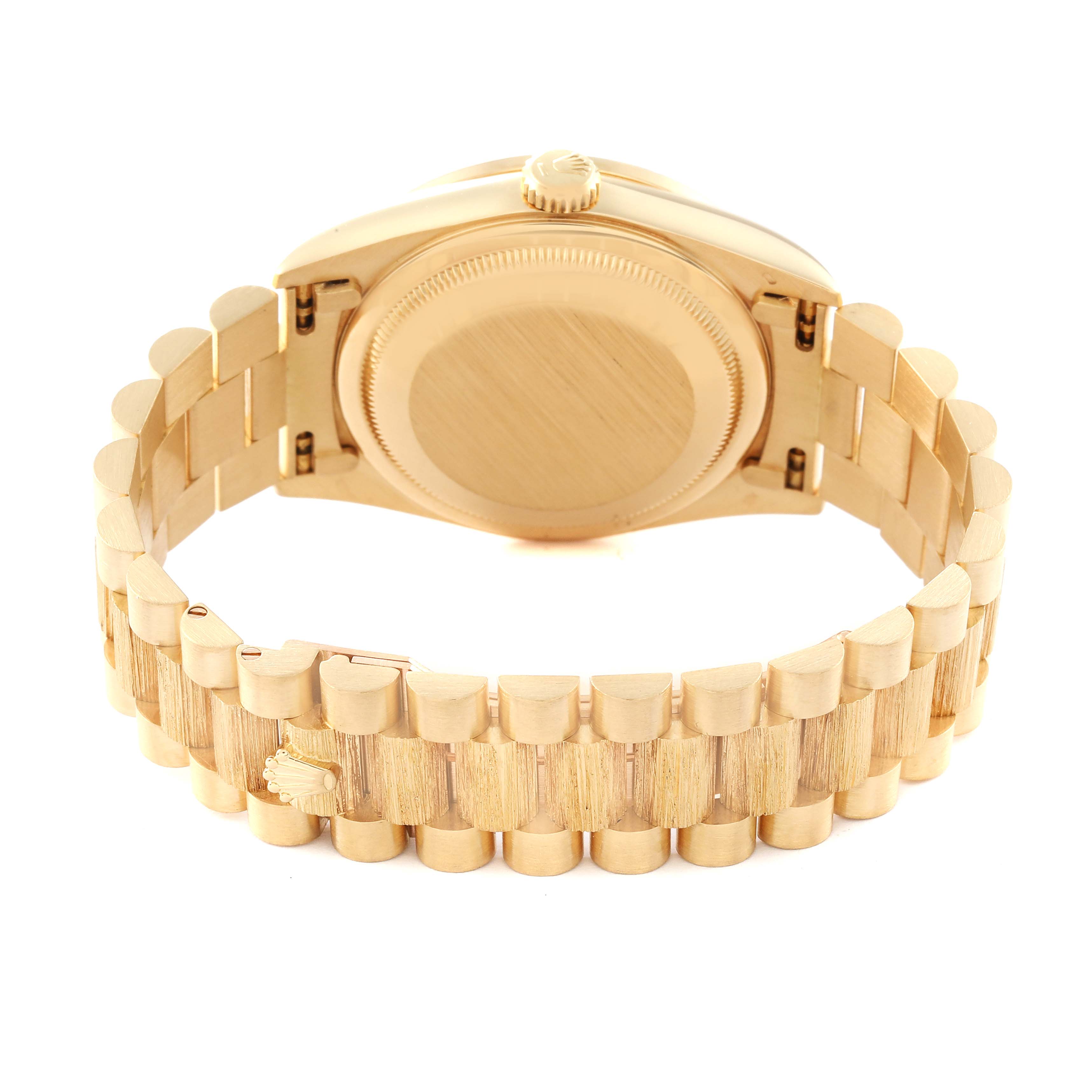 The image shows the back case and bracelet of the Rolex President 18388 Men's Yellow Gold Black Dial 18388 Men's Yellow Gold Black Dial model watch.