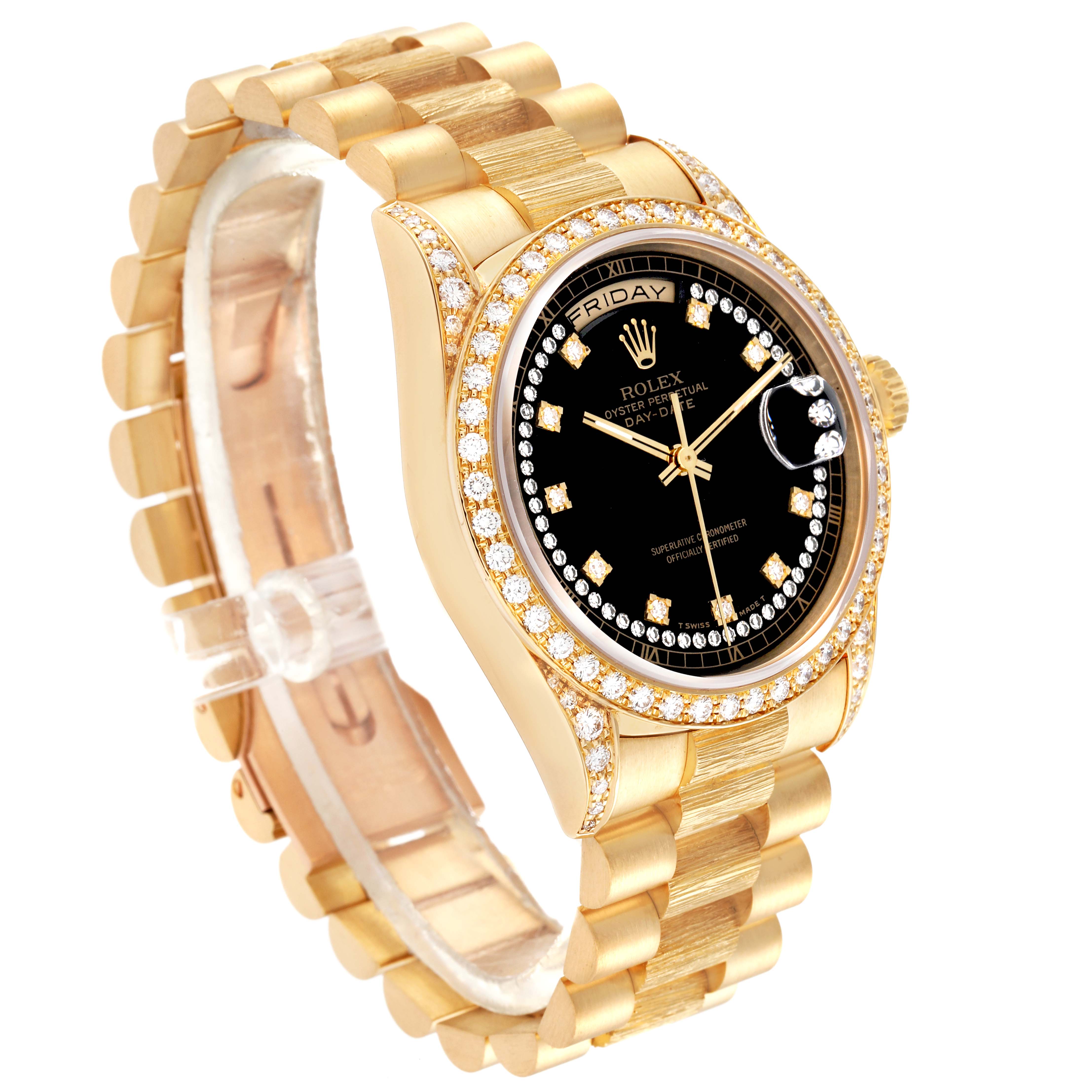 The Rolex President 18388 Men's Yellow Gold Black Dial 18388 Men's Yellow Gold Black Dial model watch is shown at an angle highlighting its gold bracelet, diamond-bezel, black dial, and date display.