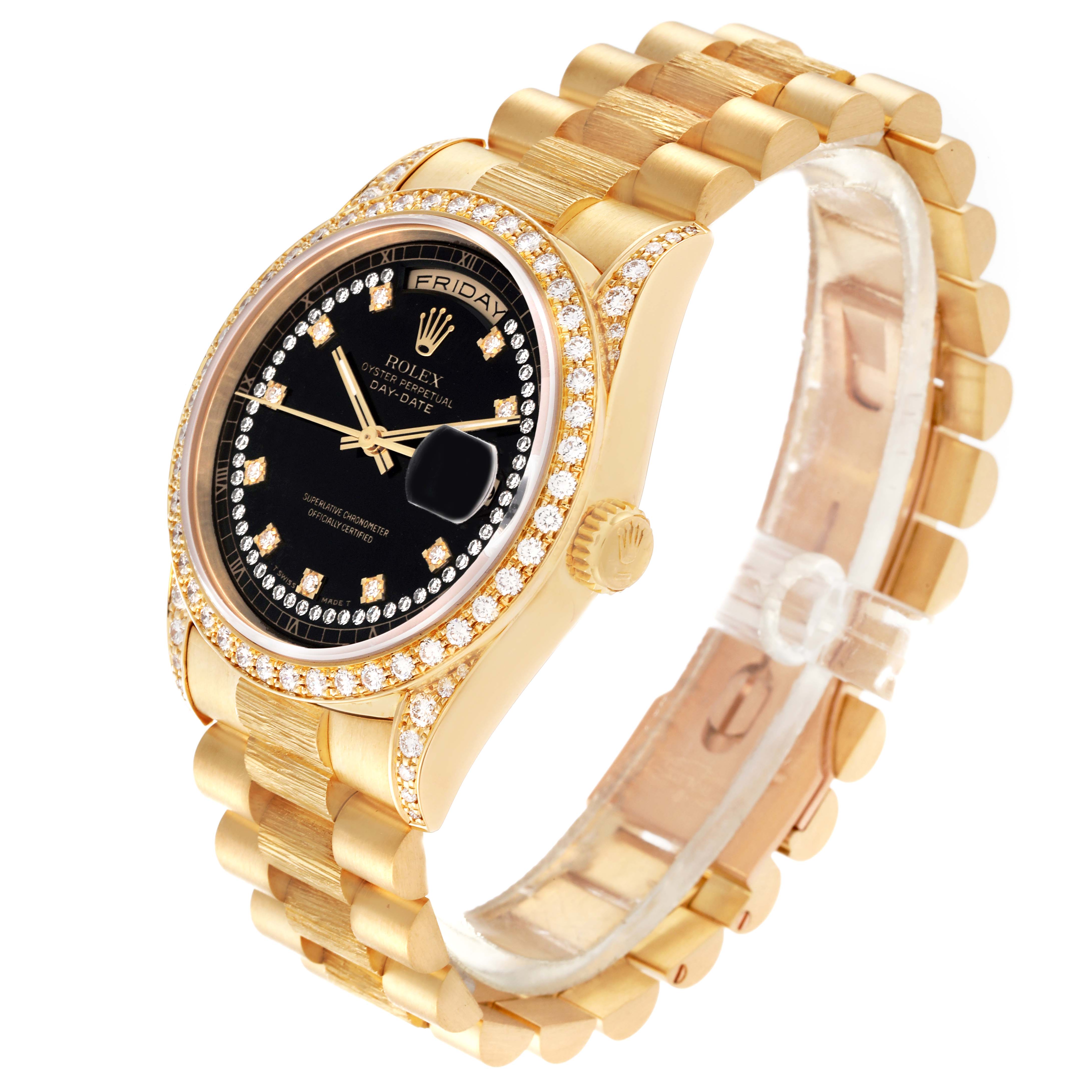 The Rolex President 18388 Men's Yellow Gold Black Dial 18388 Men's Yellow Gold Black Dial model watch is shown at a 3/4 angle, highlighting the face, bezel, crown, and bracelet.