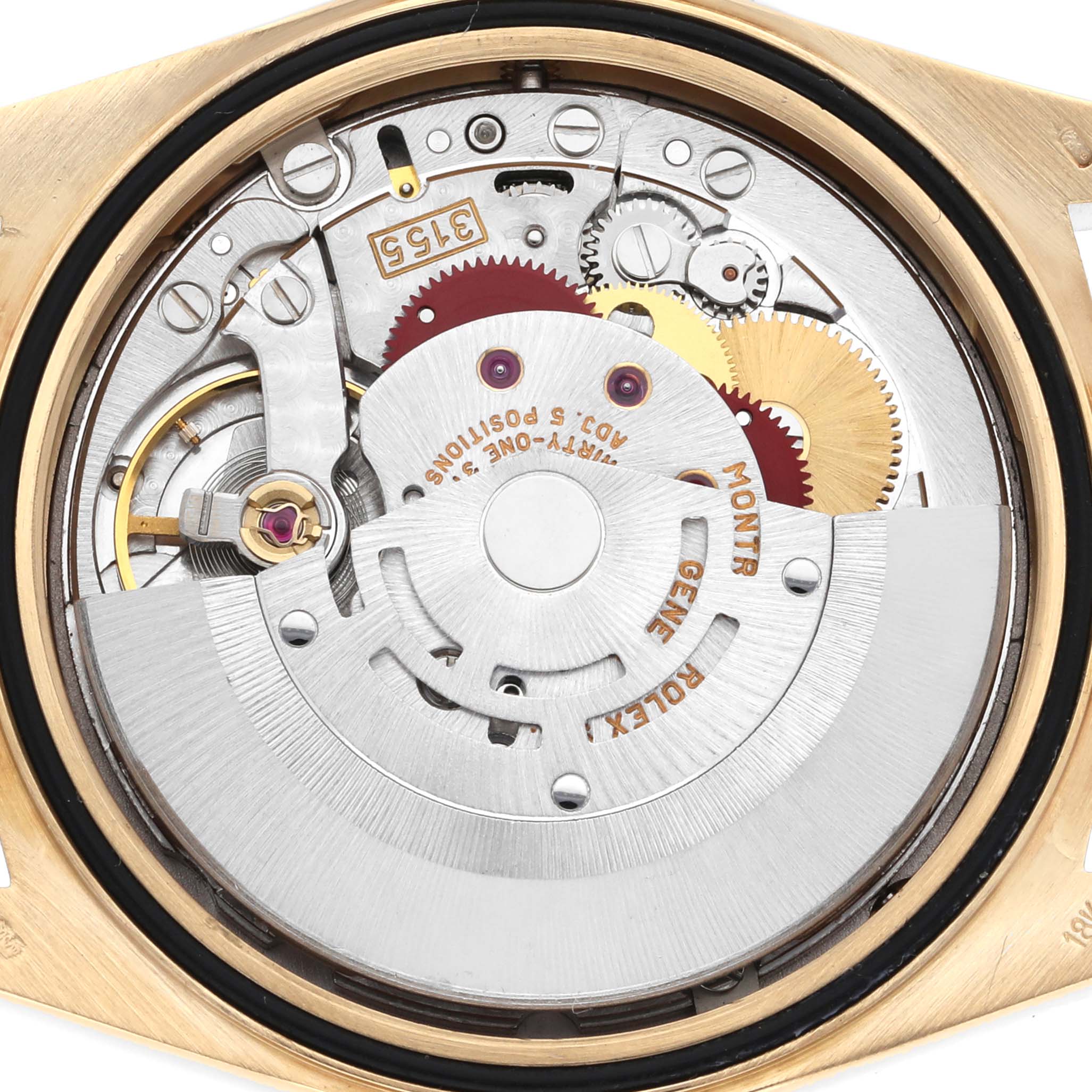The image shows the internal mechanism of a Rolex President 18388 Men's Yellow Gold Black Dial 18388 Men's Yellow Gold Black Dial model watch viewed from the back.
