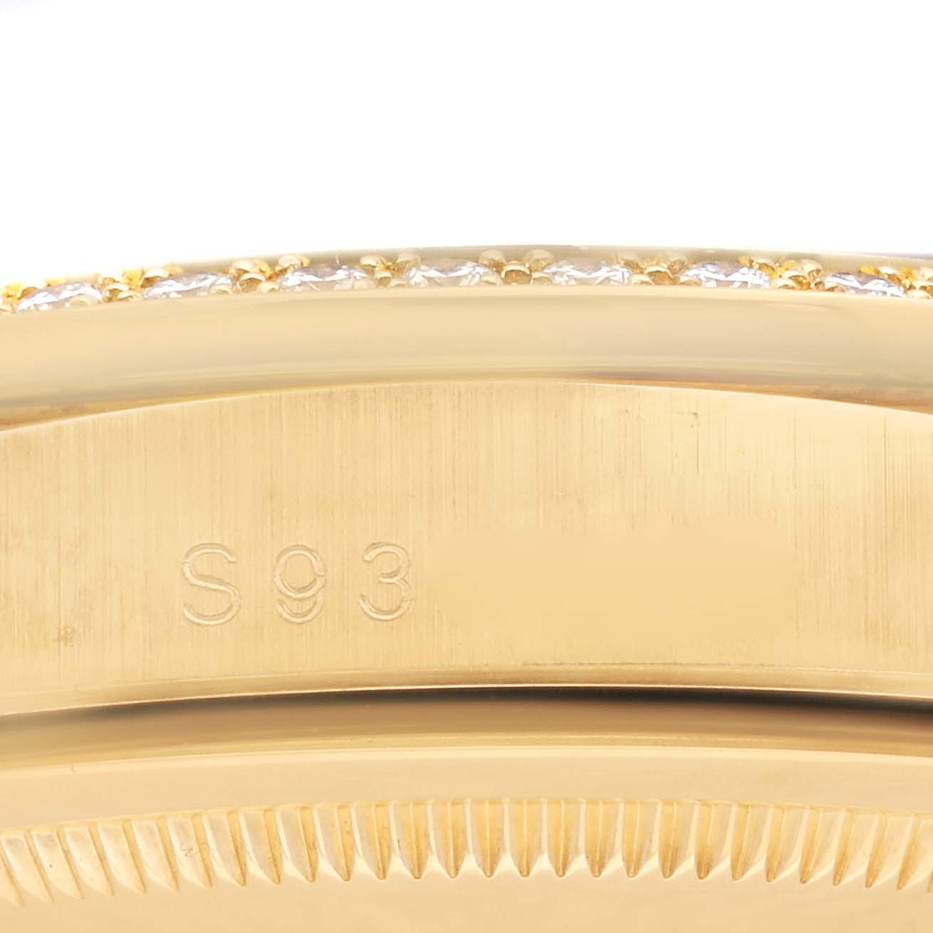 The image shows a close-up of the side of the gold bezel and part of the case with the serial number "S93" on a Rolex President 18388 Men's Yellow Gold Black Dial 18388 Men's Yellow Gold Black Dial model watch.