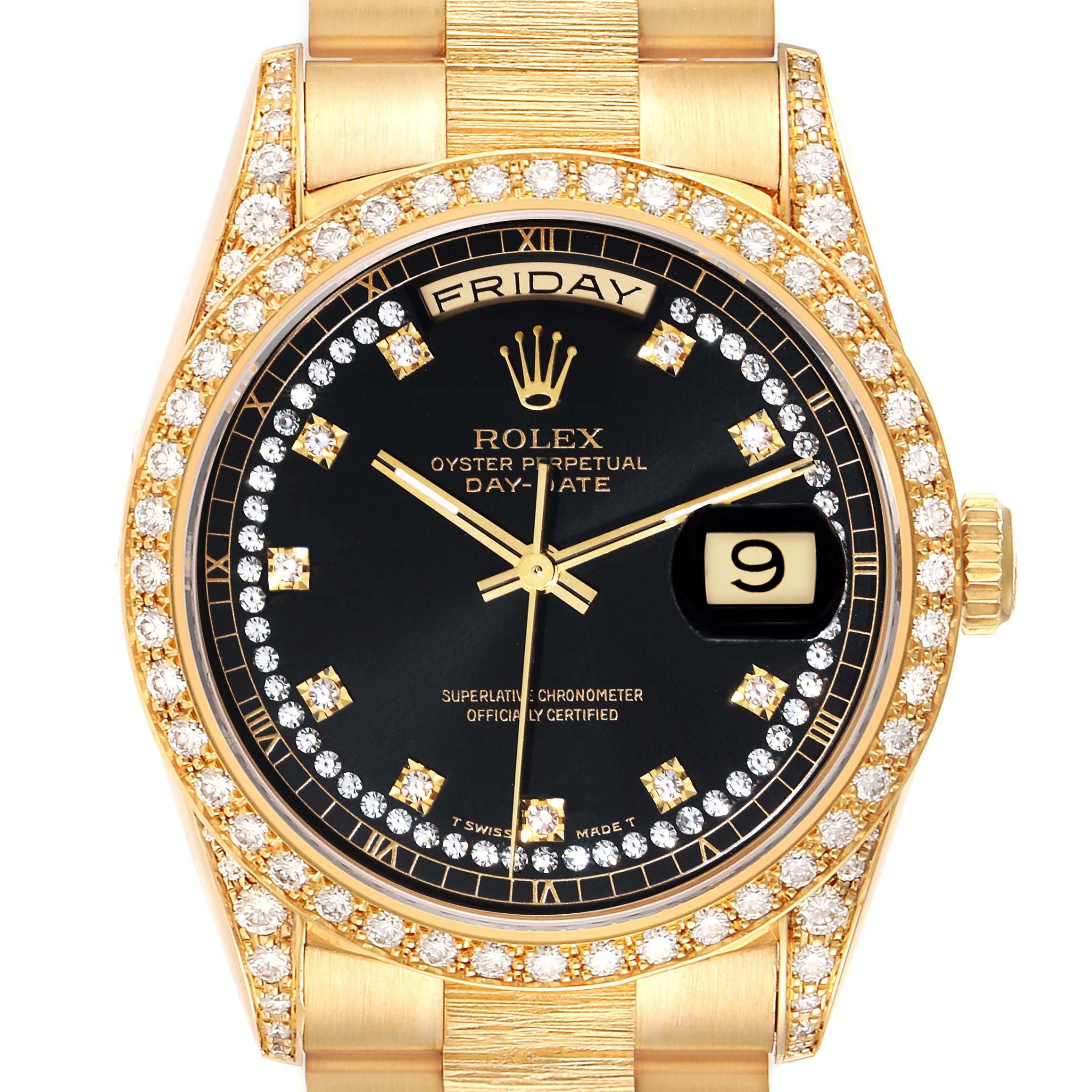 The image shows a front view of a Rolex President 18388 Men's Yellow Gold Black Dial 18388 Men's Yellow Gold Black Dial model watch, highlighting its black dial, gold accents, and diamond bezel.