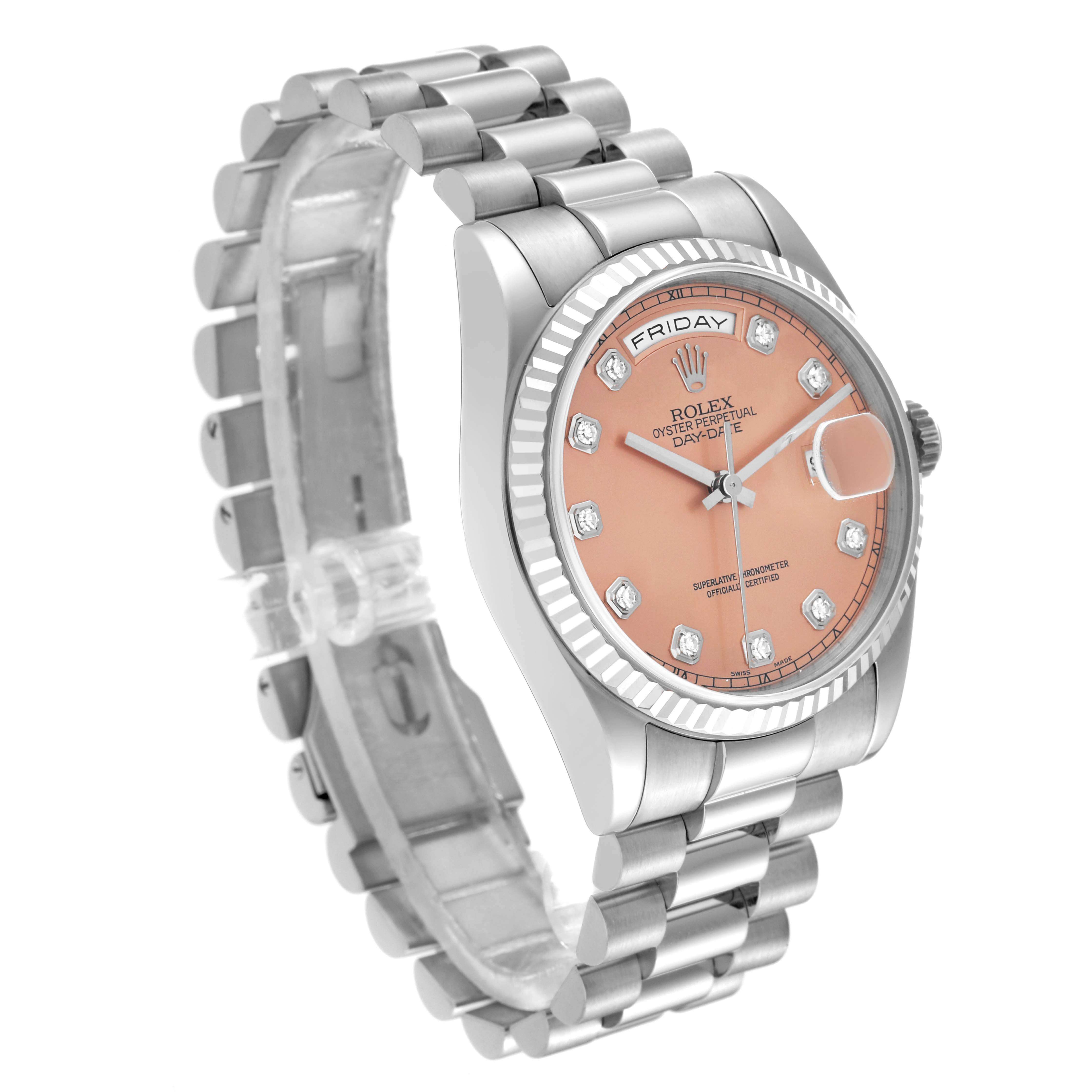 This Rolex President 118239 Men's White Gold Pink Dial 118239 Men's White Gold Pink Dial model watch is shown at a 3/4 angle, highlighting the face, bezel, and bracelet.