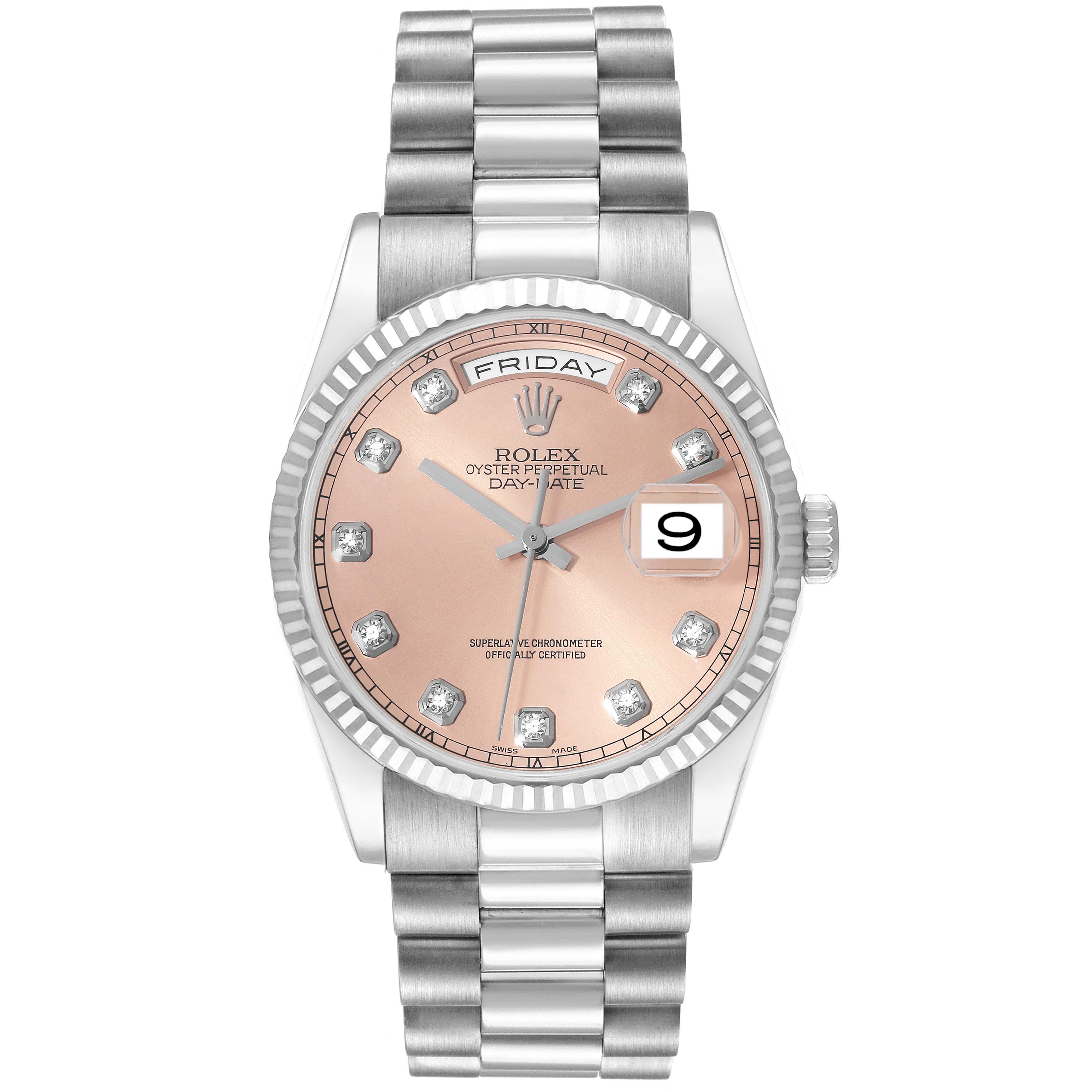 The President model Rolex watch is shown from the front, displaying the face, dial, bracelet, and day/date functions.