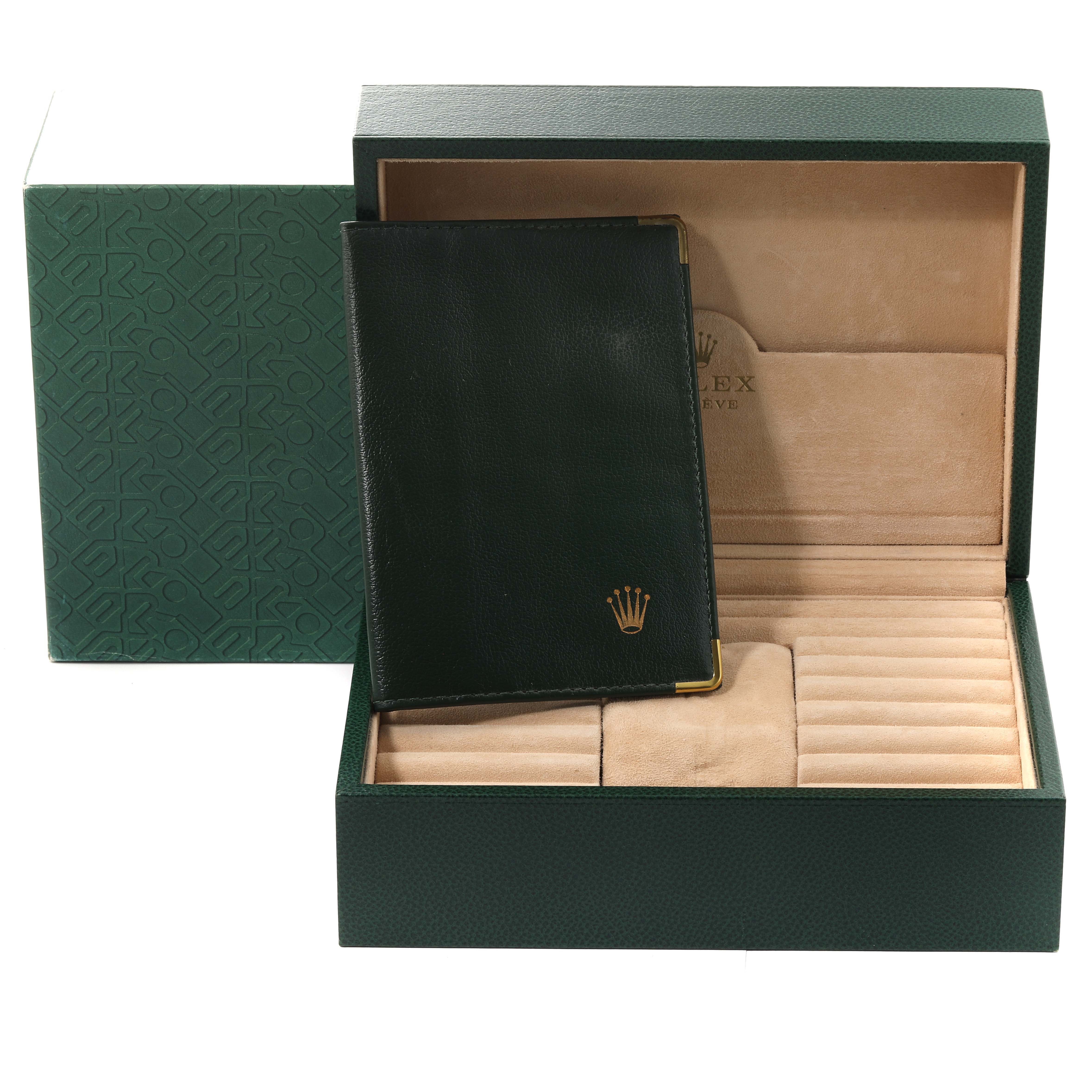 The image shows an open box for the Rolex President 118239 Men's White Gold Pink Dial 118239 Men's White Gold Pink Dial model, including a green cardholder with the Rolex logo.