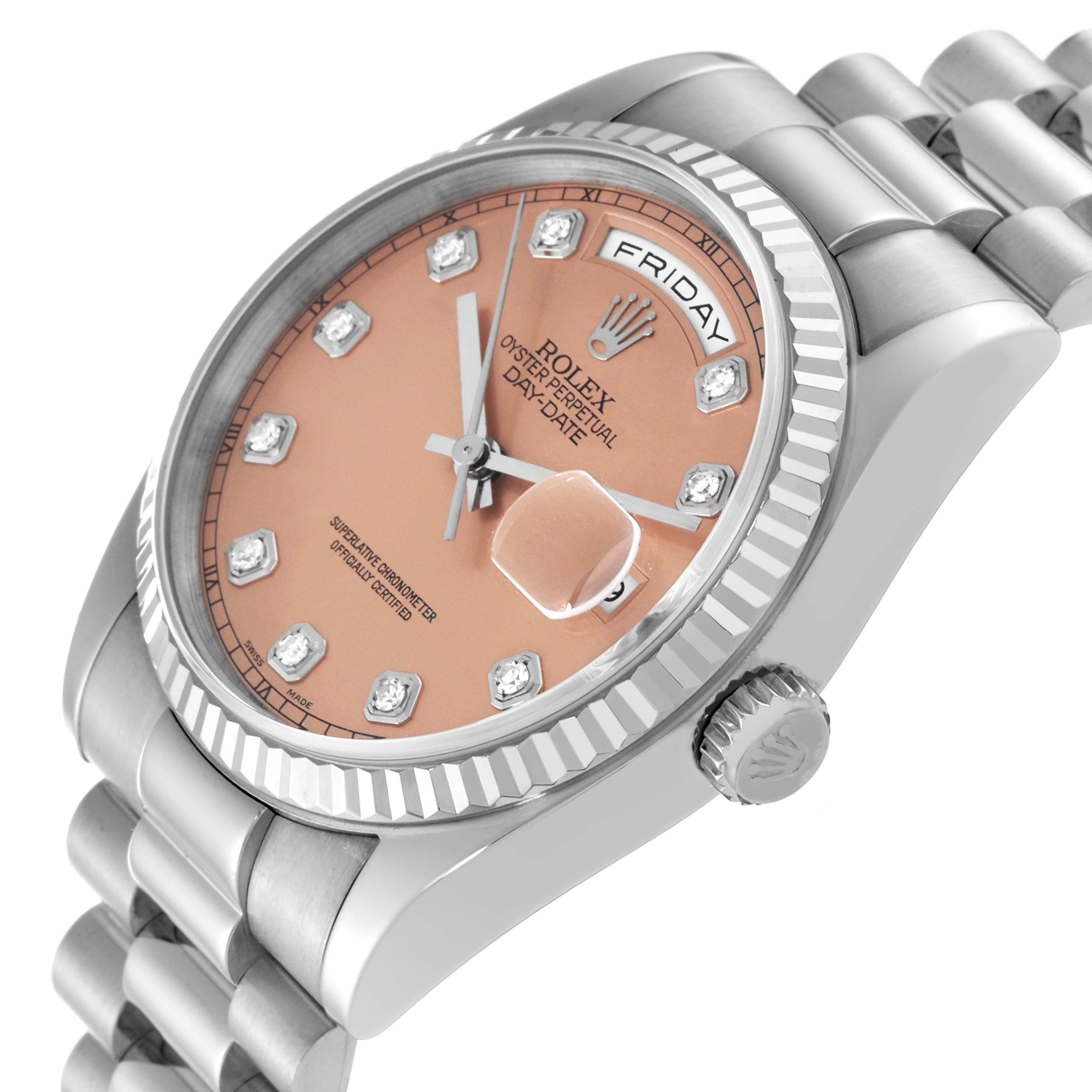 This image shows the Rolex President 118239 Men's White Gold Pink Dial 118239 Men's White Gold Pink Dial model watch at a three-quarter angle, highlighting the crown, bezel, dial, and bracelet.