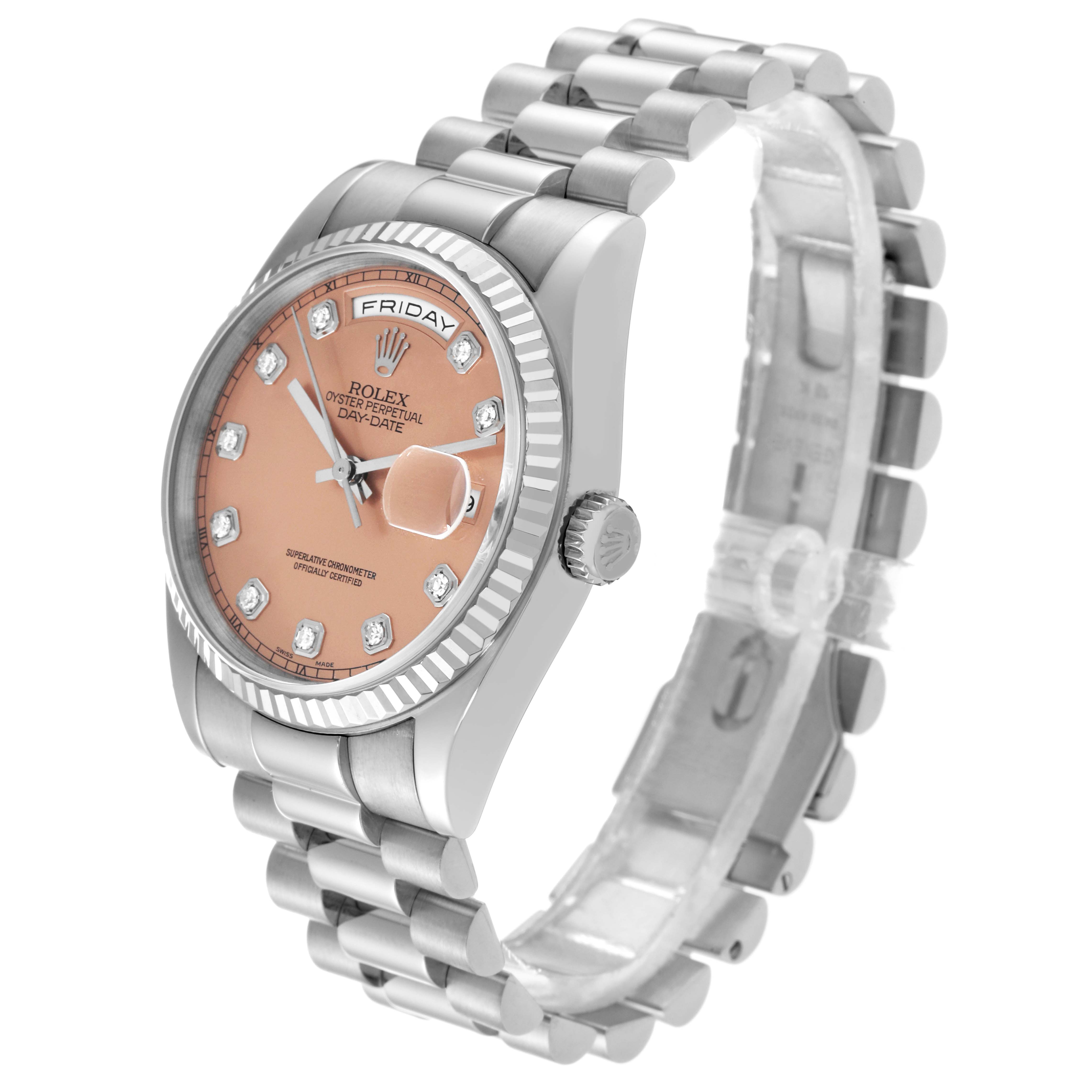 The Rolex President 118239 Men's White Gold Pink Dial 118239 Men's White Gold Pink Dial model watch is shown at a three-quarter angle, displaying its face, crown, and bracelet.