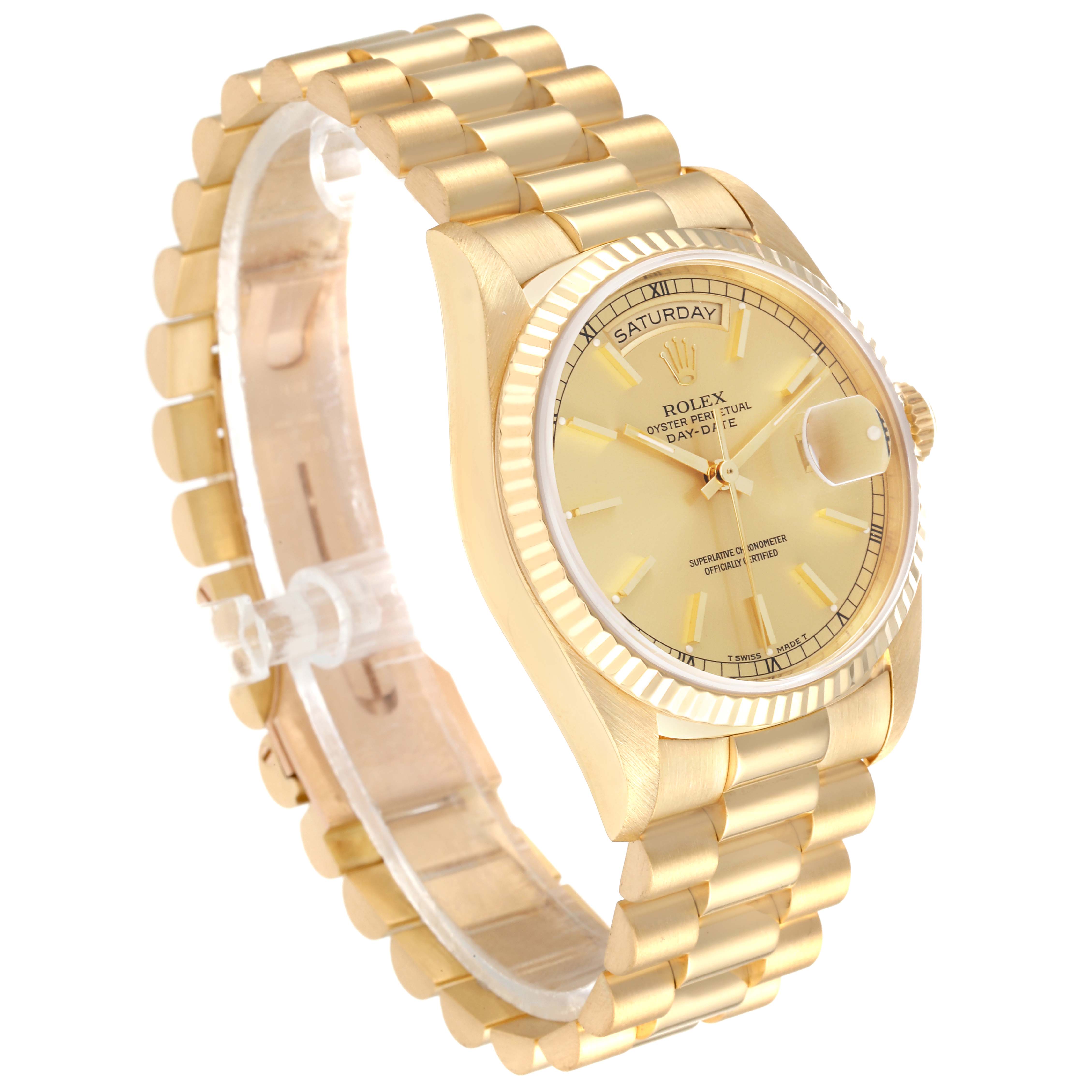 The image shows a Rolex President 18238 Men's Yellow Gold Champagne Dial 18238 Men's Yellow Gold Champagne Dial model watch from a 3/4 angle, highlighting its gold bracelet, dial, and fluted bezel.