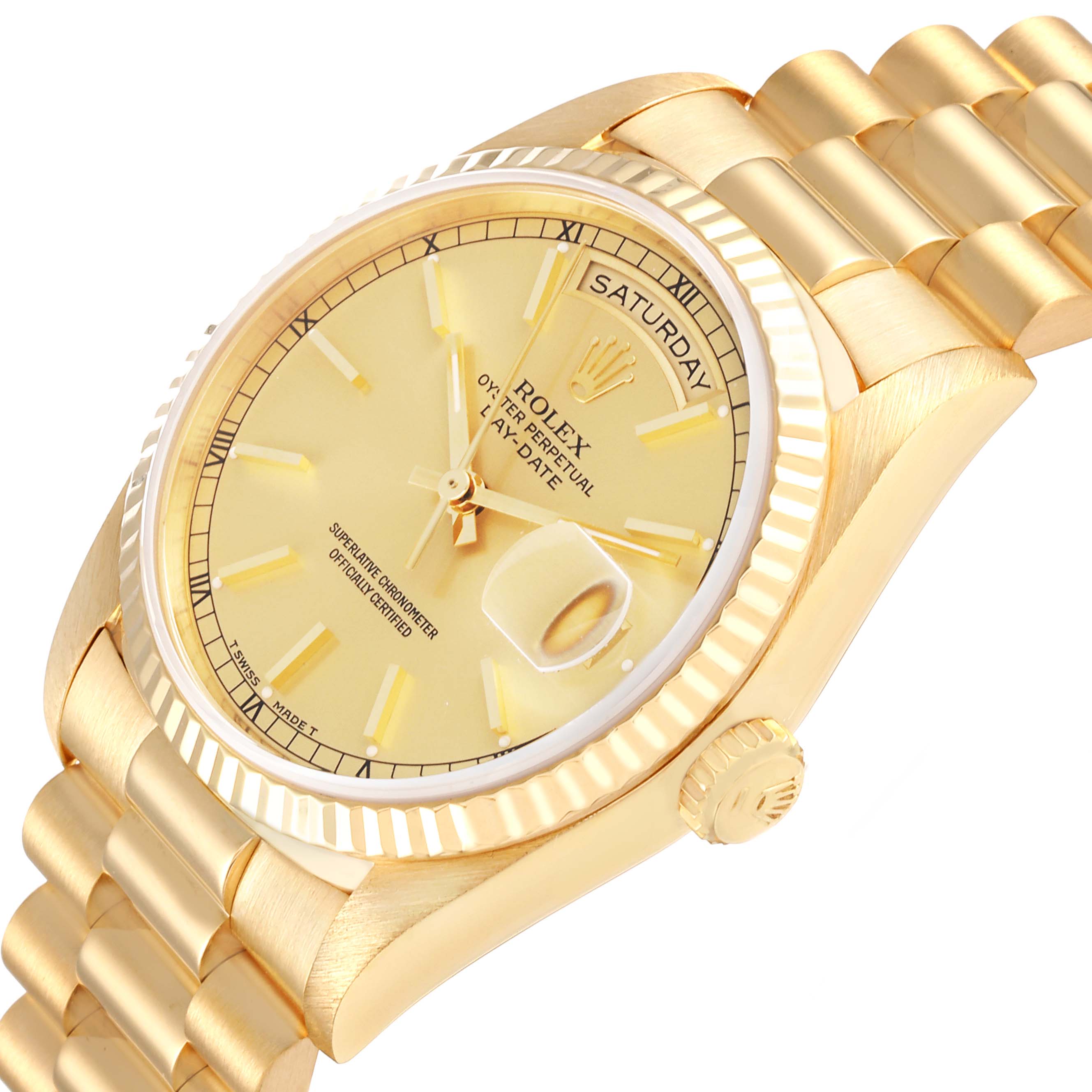The Rolex President 18238 Men's Yellow Gold Champagne Dial 18238 Men's Yellow Gold Champagne Dial model is shown at a slight angle, highlighting the dial, crown, fluted bezel, and part of the bracelet.