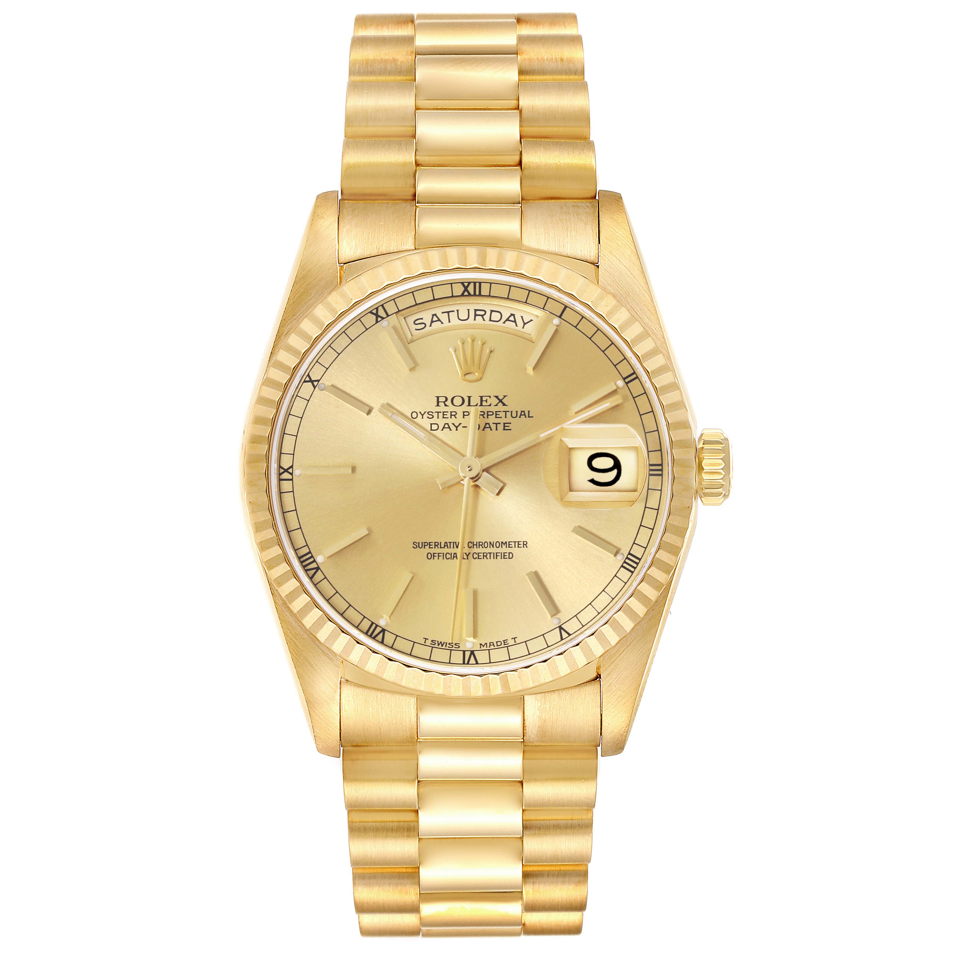 The image shows a front view of the Rolex President 18238 Men's Yellow Gold Champagne Dial 18238 Men's Yellow Gold Champagne Dial model, displaying the dial, case, bezel, bracelet, and crown.