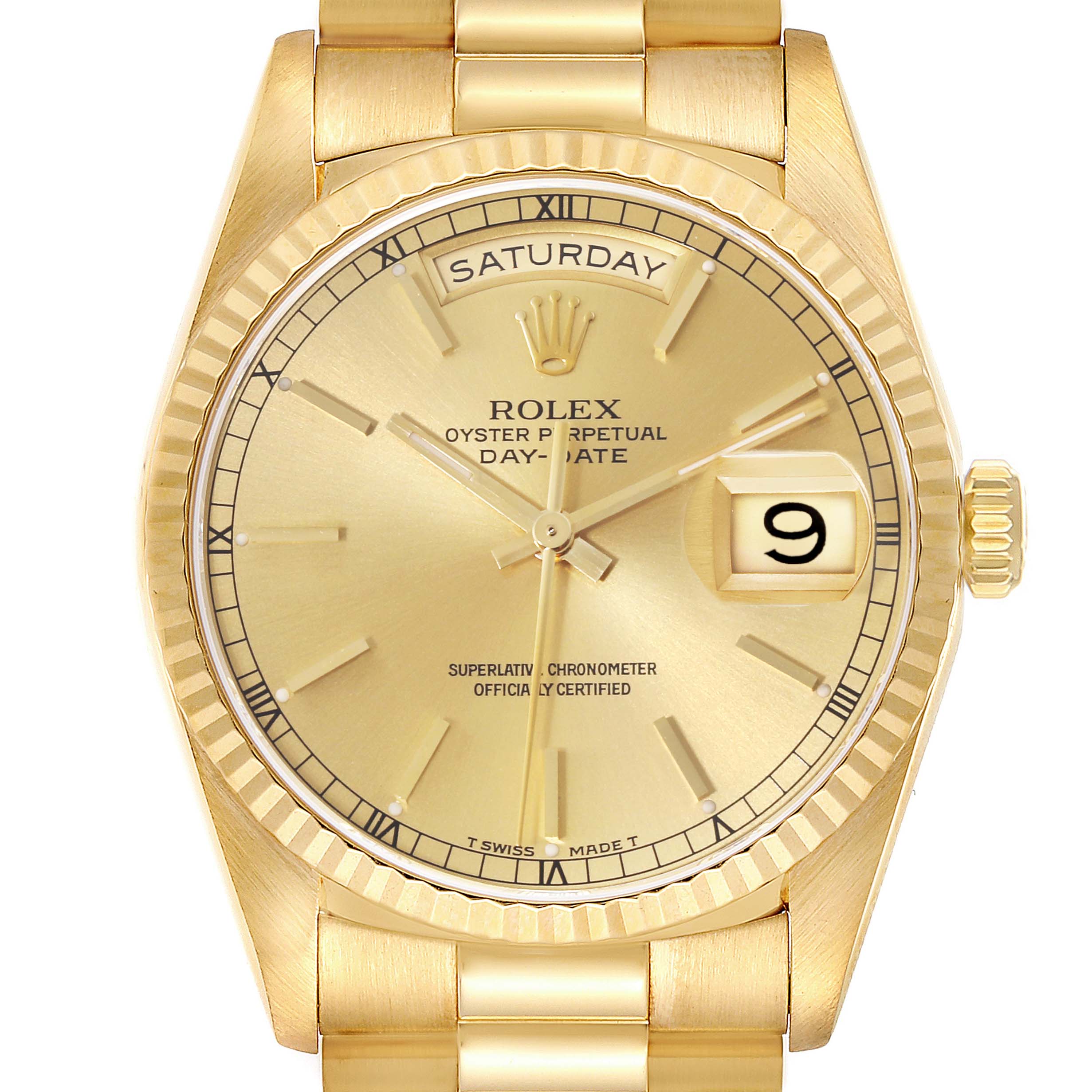 The image shows a close-up of the dial and part of the bracelet of a Rolex President 18238 Men's Yellow Gold Champagne Dial 18238 Men's Yellow Gold Champagne Dial model watch.