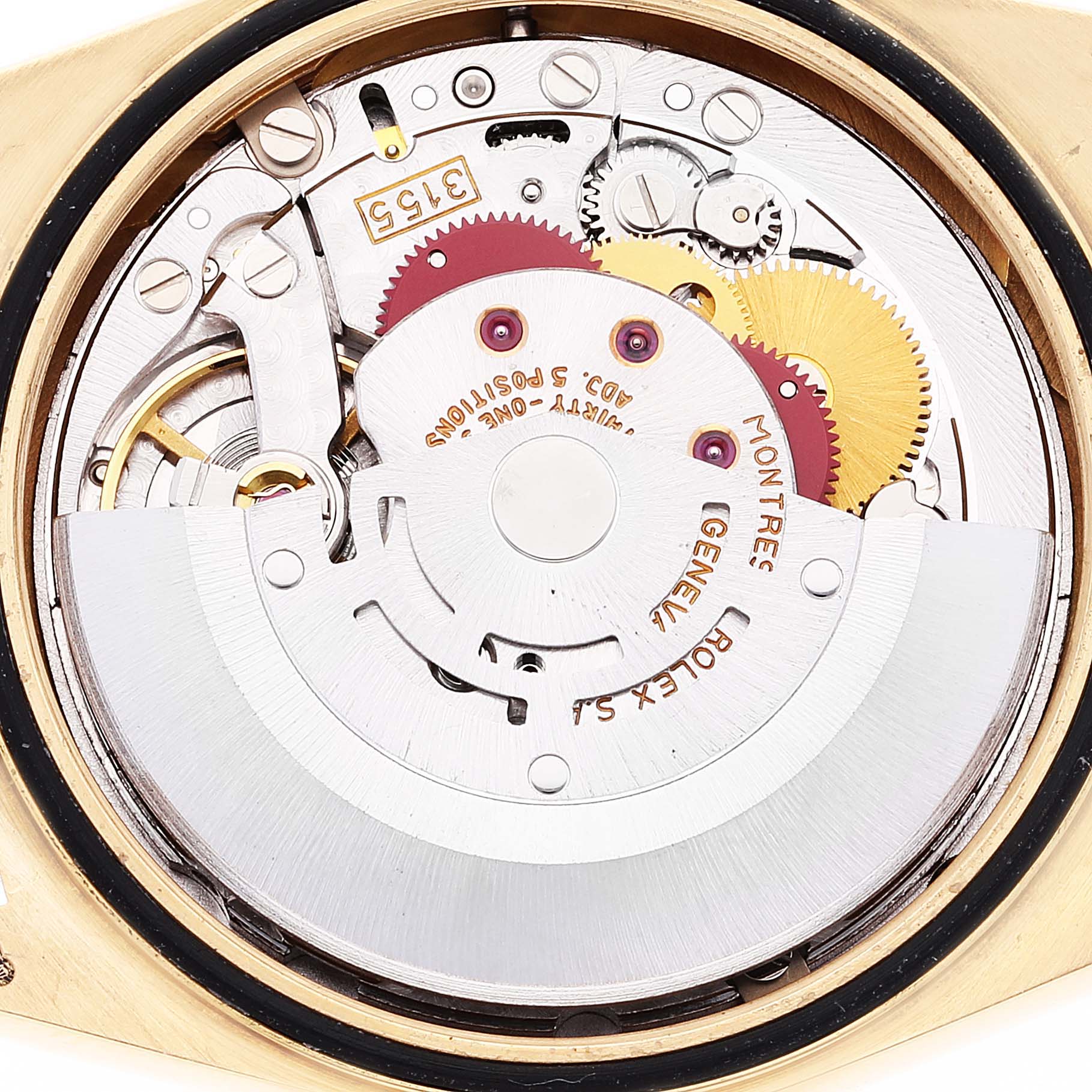 This image shows a close-up of the movement and inner mechanism of a Rolex President 18238 Men's Yellow Gold Beige Dial 18238 Men's Yellow Gold Beige Dial model watch.