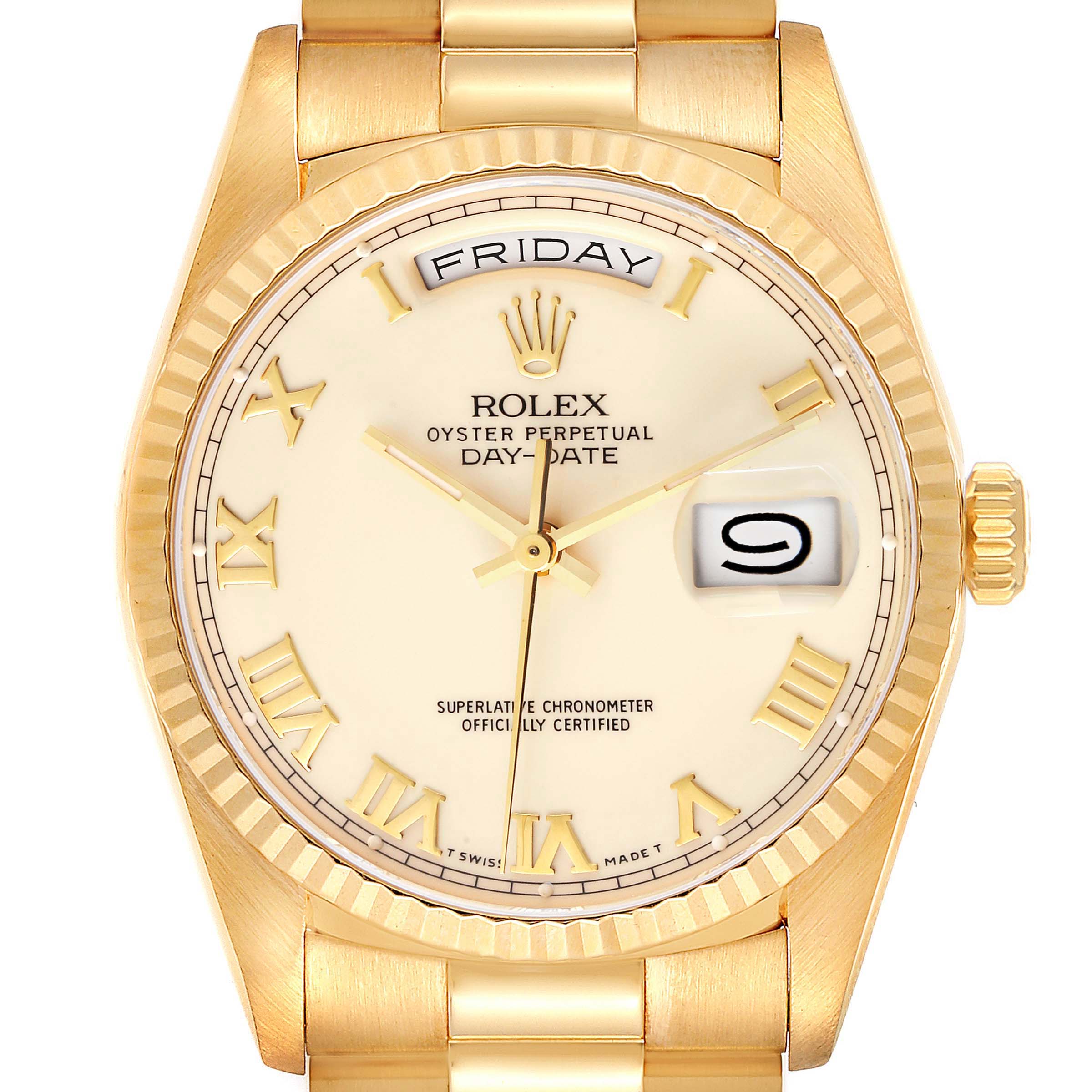 The image shows a close-up of the Rolex President 18238 Men's Yellow Gold Beige Dial 18238 Men's Yellow Gold Beige Dial Day-Date watch, highlighting its dial, hands, date and day indicators, and bezel.