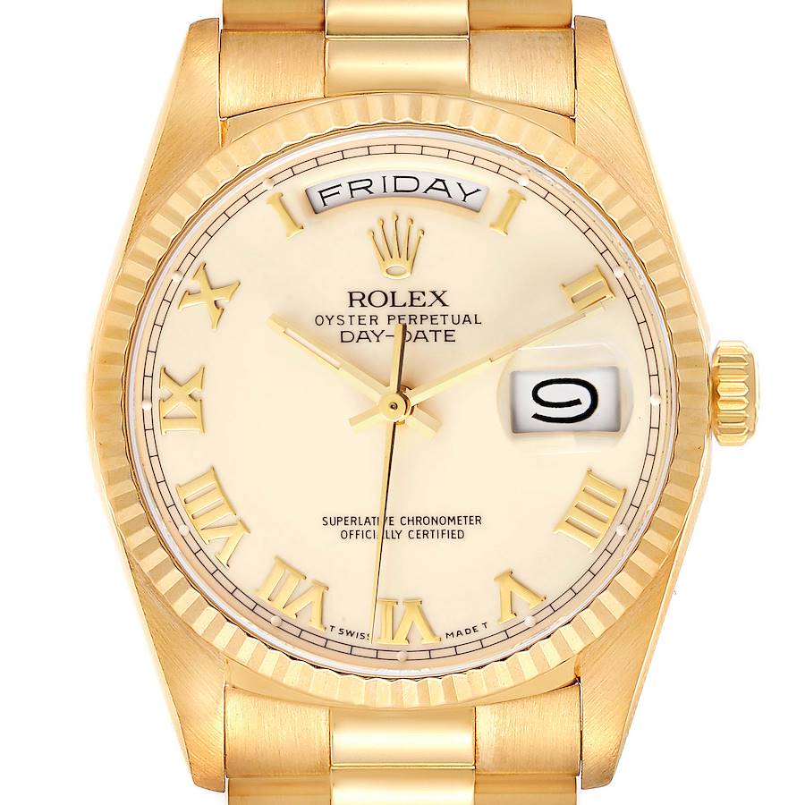 Rolex President Day-Date Yellow Gold Ivory Roman Dial Mens Watch 18238 SwissWatchExpo