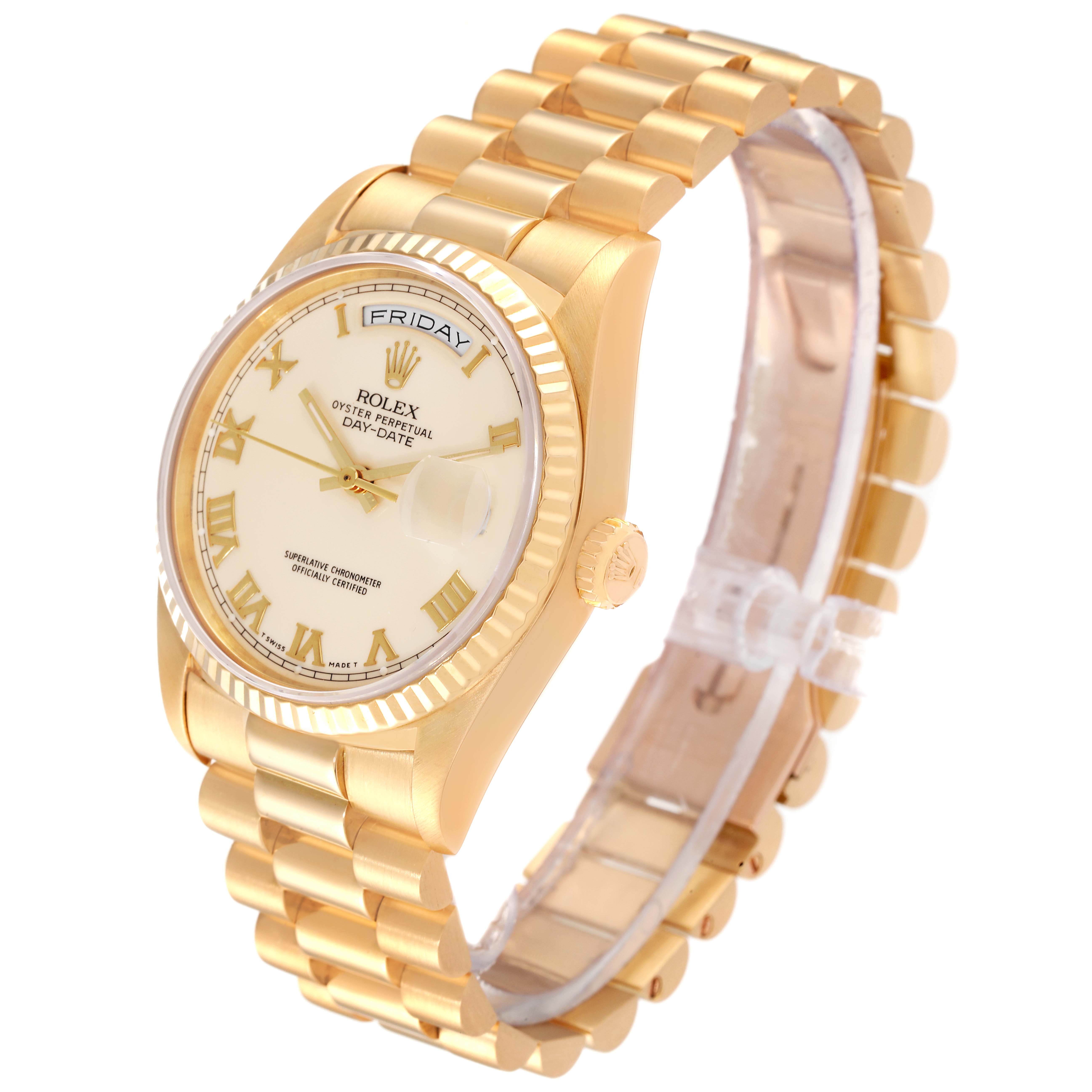 This is a Rolex President 18238 Men's Yellow Gold Beige Dial 18238 Men's Yellow Gold Beige Dial model watch shown from an angled view, highlighting the face, bezel, and band.