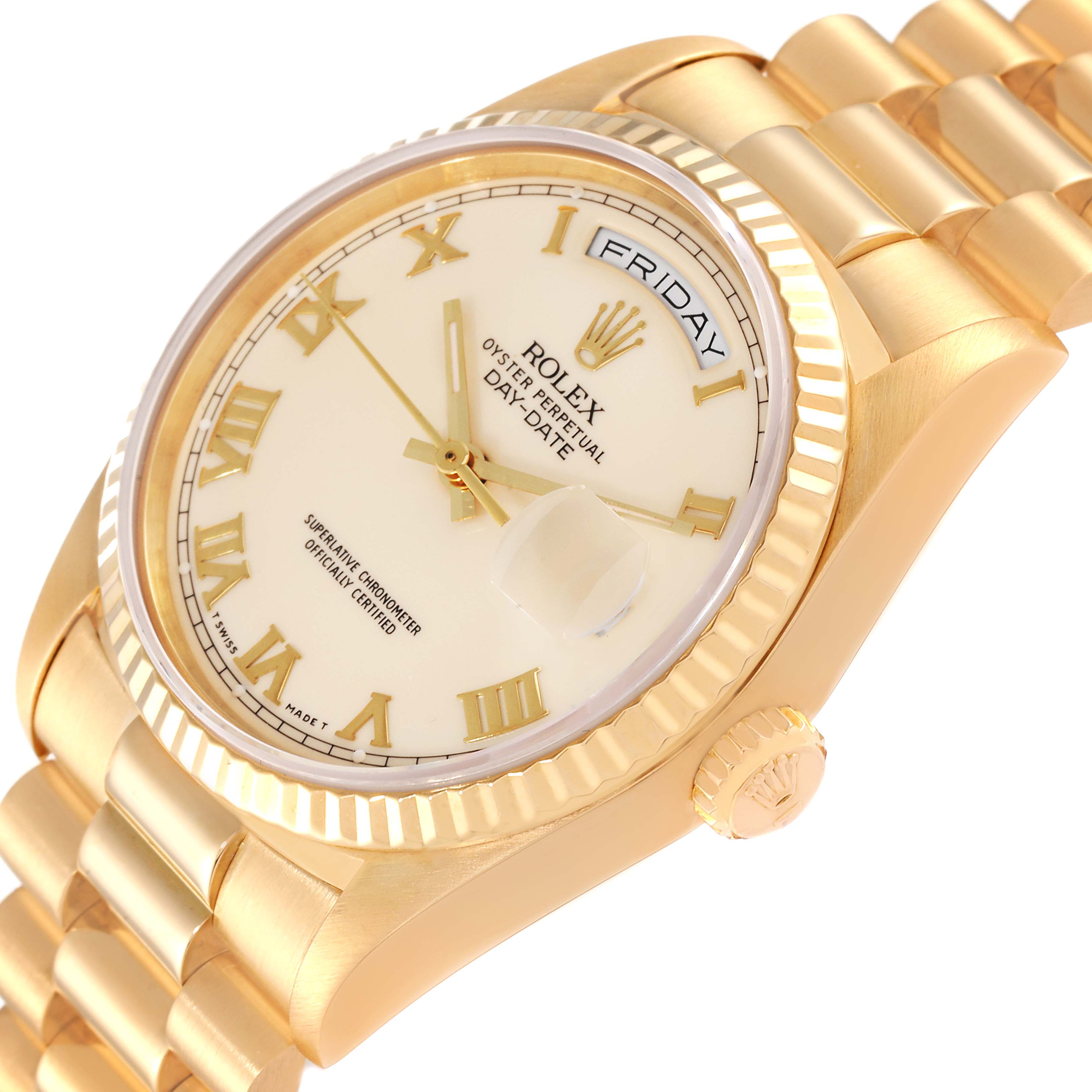The image shows a close-up of the Rolex President 18238 Men's Yellow Gold Beige Dial 18238 Men's Yellow Gold Beige Dial model watch, highlighting its dial, bezel, and part of the bracelet.