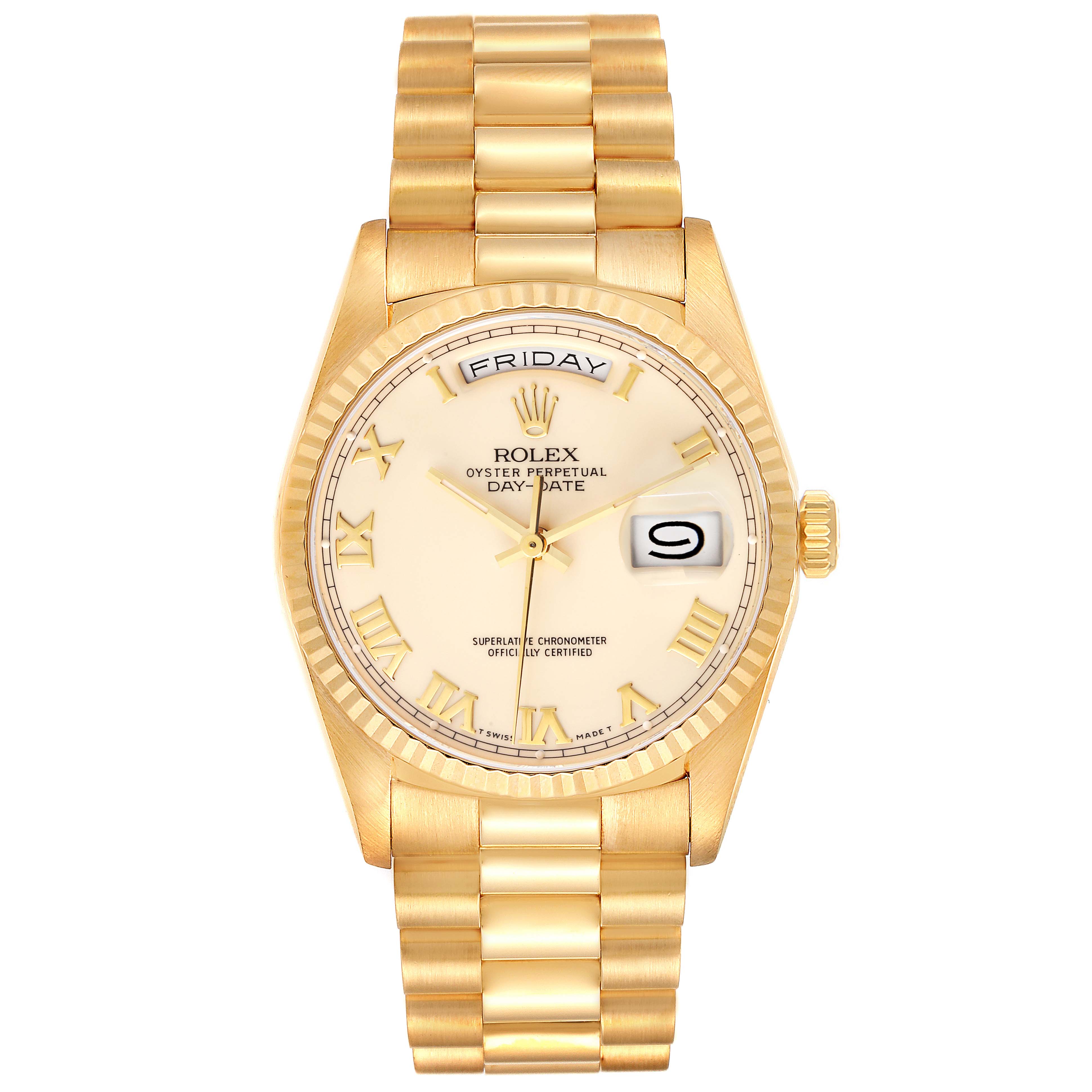 This image shows a frontal view of the Rolex President 18238 Men's Yellow Gold Beige Dial 18238 Men's Yellow Gold Beige Dial model watch face and bracelet.