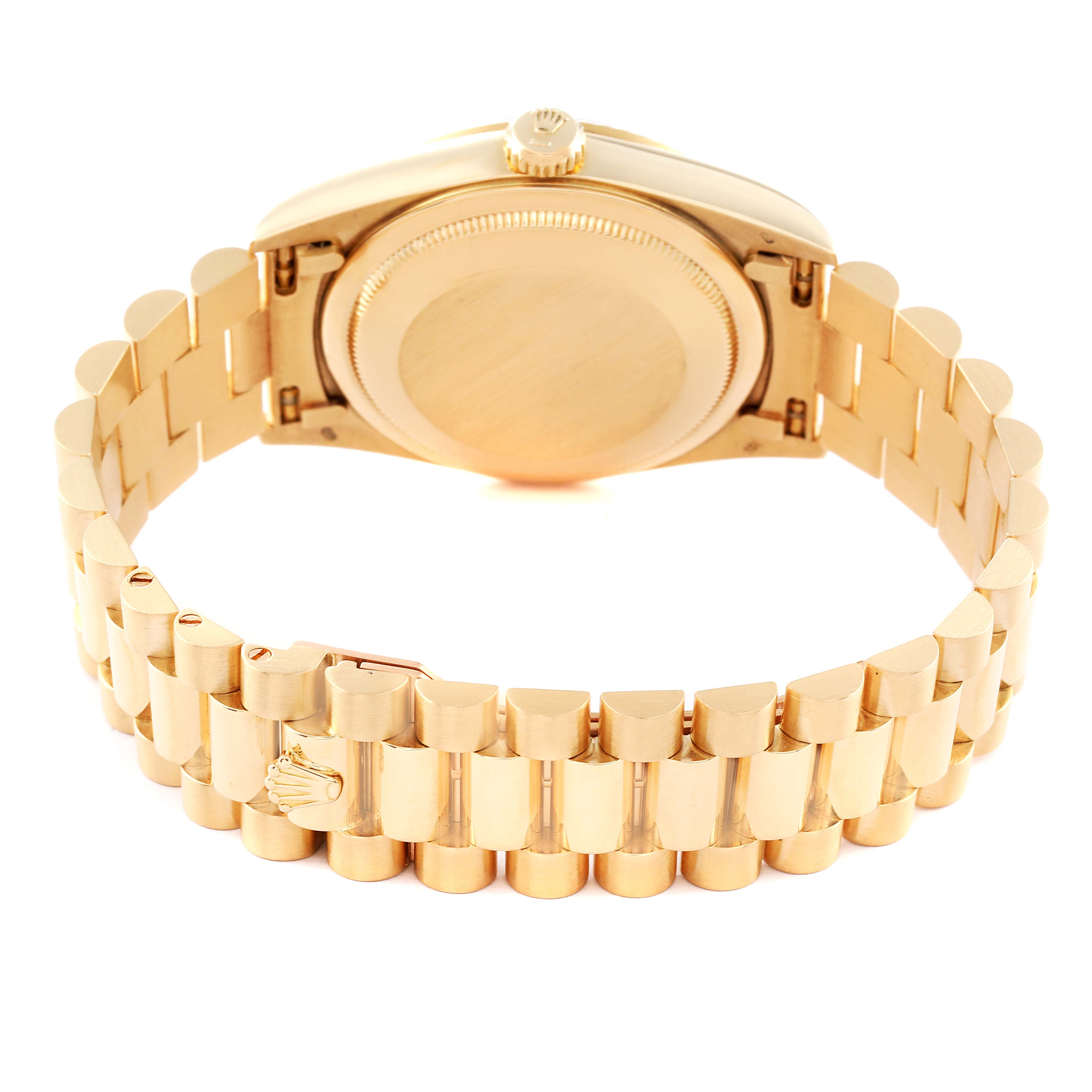 The image shows the back view of the Rolex President 18238 Men's Yellow Gold Beige Dial 18238 Men's Yellow Gold Beige Dial model watch, highlighting its gold case and bracelet with a clasp.