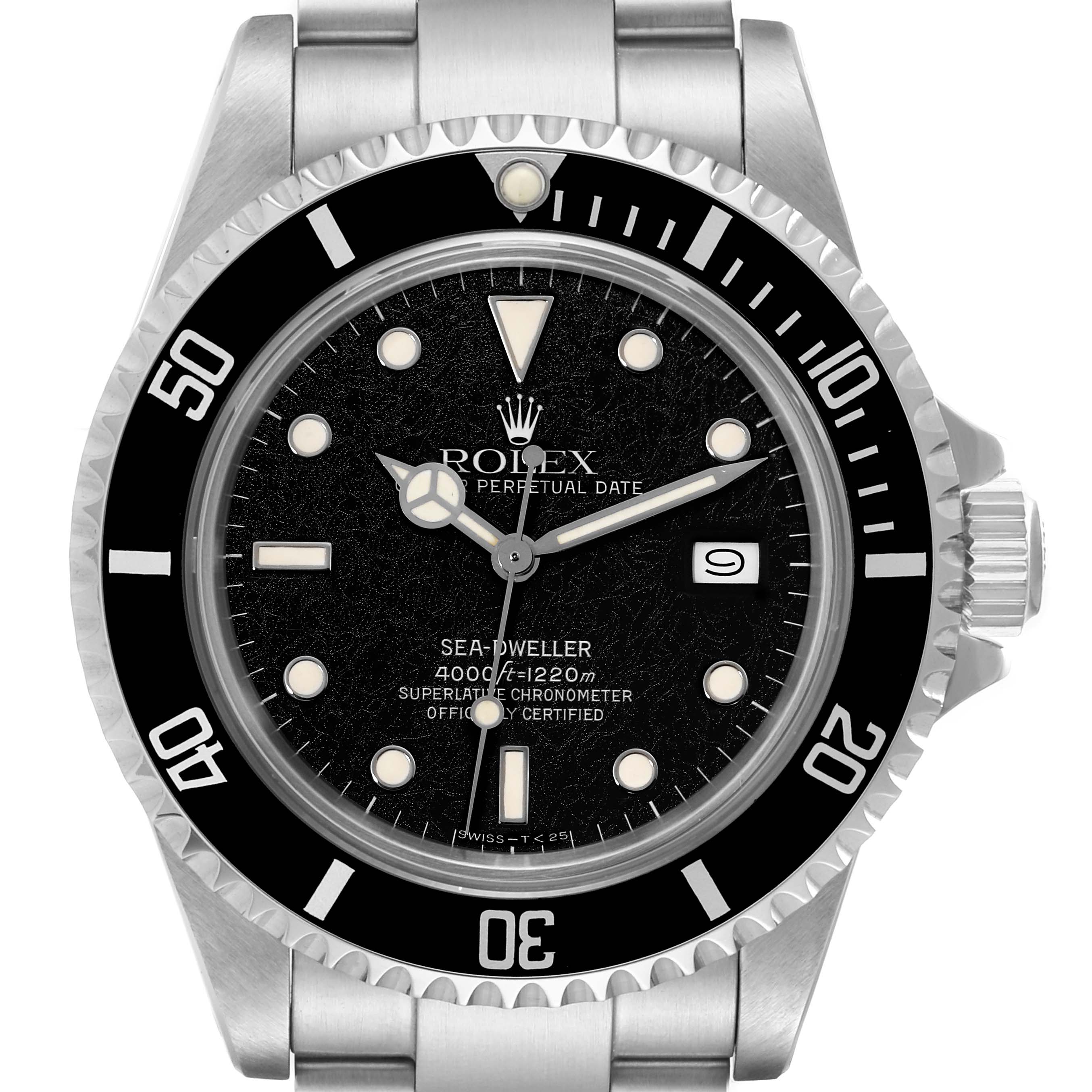 The image displays a frontal view of the Rolex Vintage Collection 16660 Men
s Stainless Steel Black Dial 16660 Men
s Stainless Steel Black Dial Sea-Dweller watch, showing its dial, bezel, crown, and bracelet.