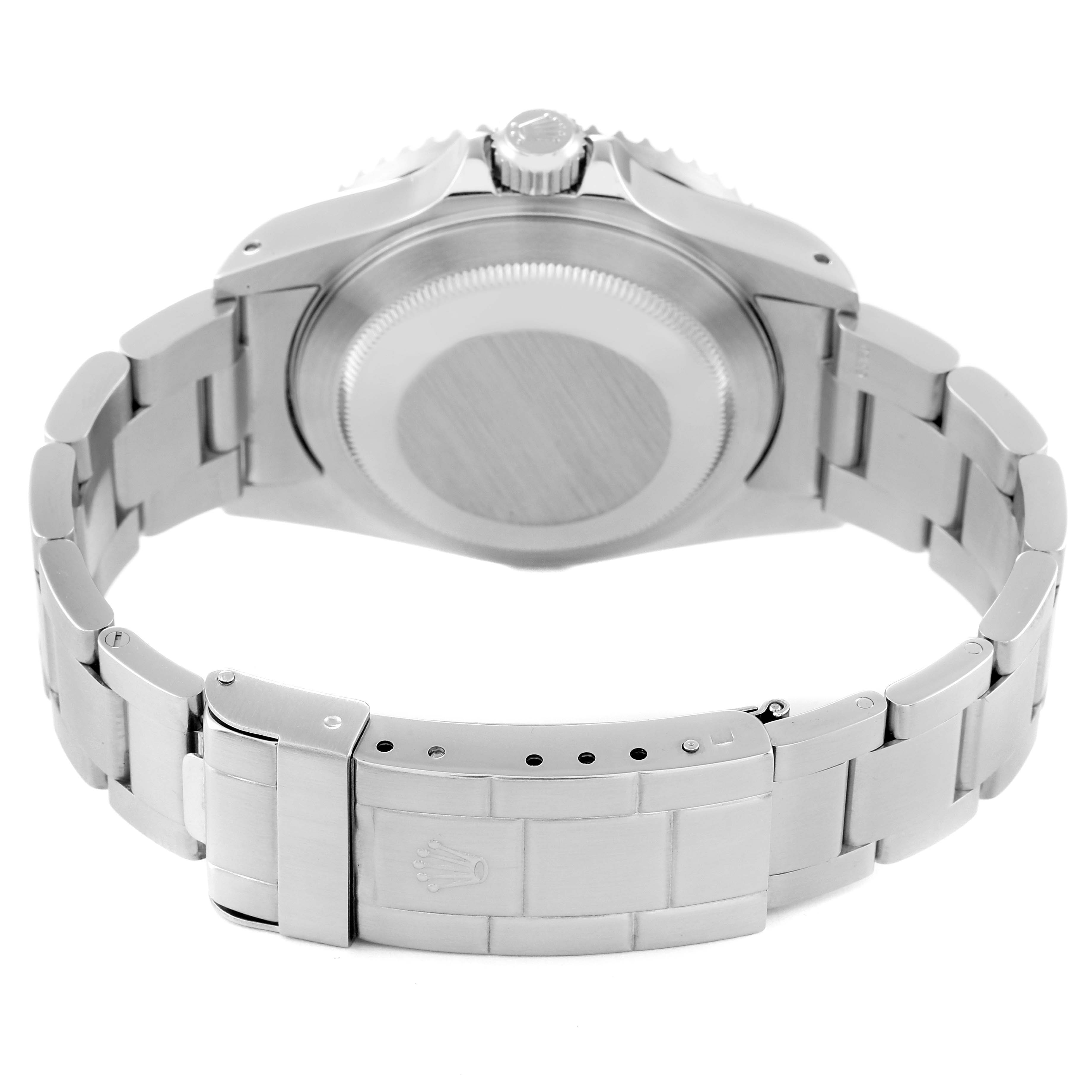 The image shows the back view of a Rolex Vintage Collection 16660 Men
s Stainless Steel Black Dial 16660 Men
s Stainless Steel Black Dial watch, focusing on the case back and the bracelet with its clasp.