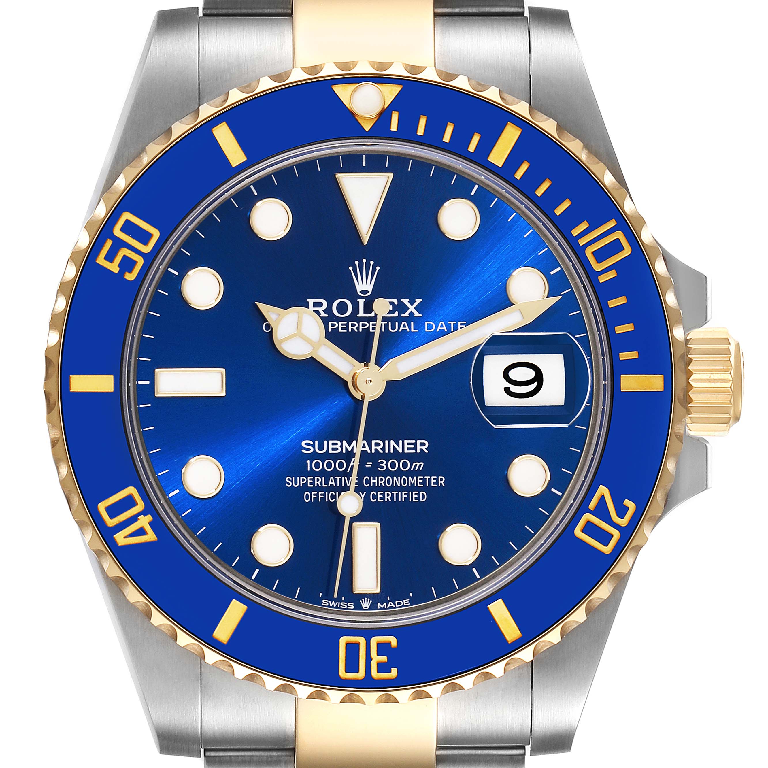 This image shows a front view of the Rolex Submariner 126613 Men's Steel and Gold (two tone) Blue Dial 126613 Men's Steel and Gold (two tone) Blue Dial watch, highlighting the dial, bezel, and crown.