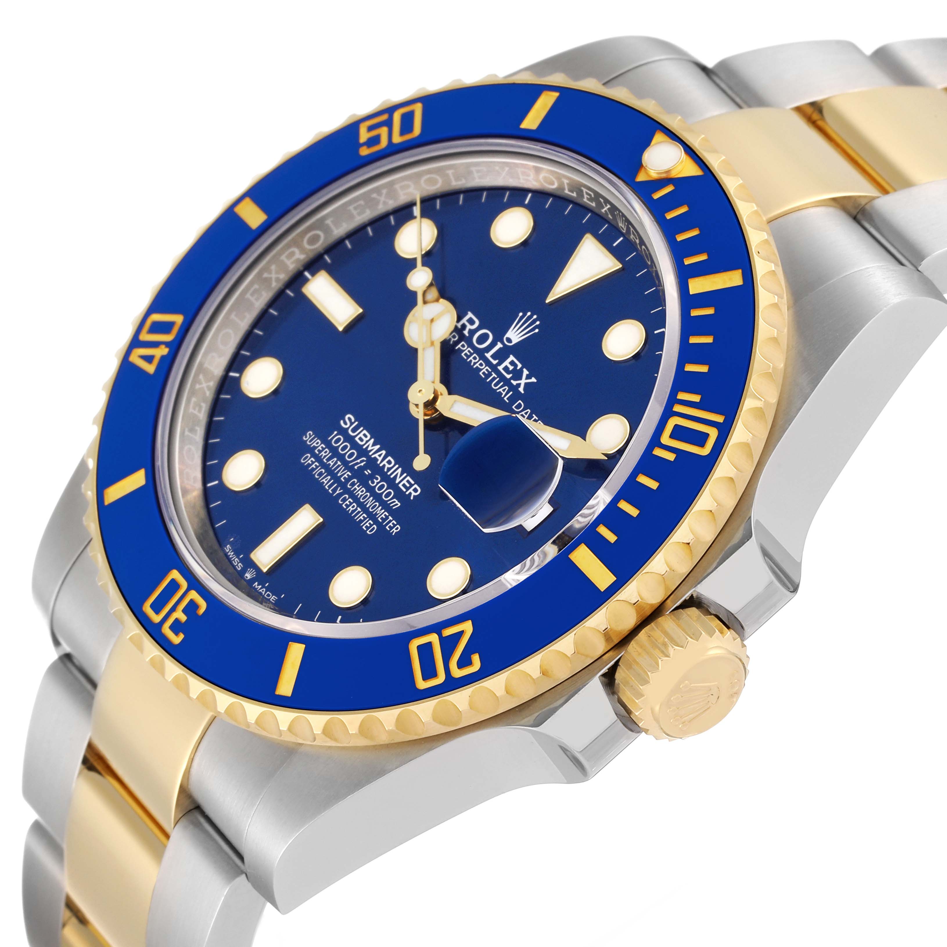The image shows a close-up, angled view of the Rolex Submariner 126613 Men's Steel and Gold (two tone) Blue Dial 126613 Men's Steel and Gold (two tone) Blue Dial watch, highlighting its blue dial, gold bezel, and crown.