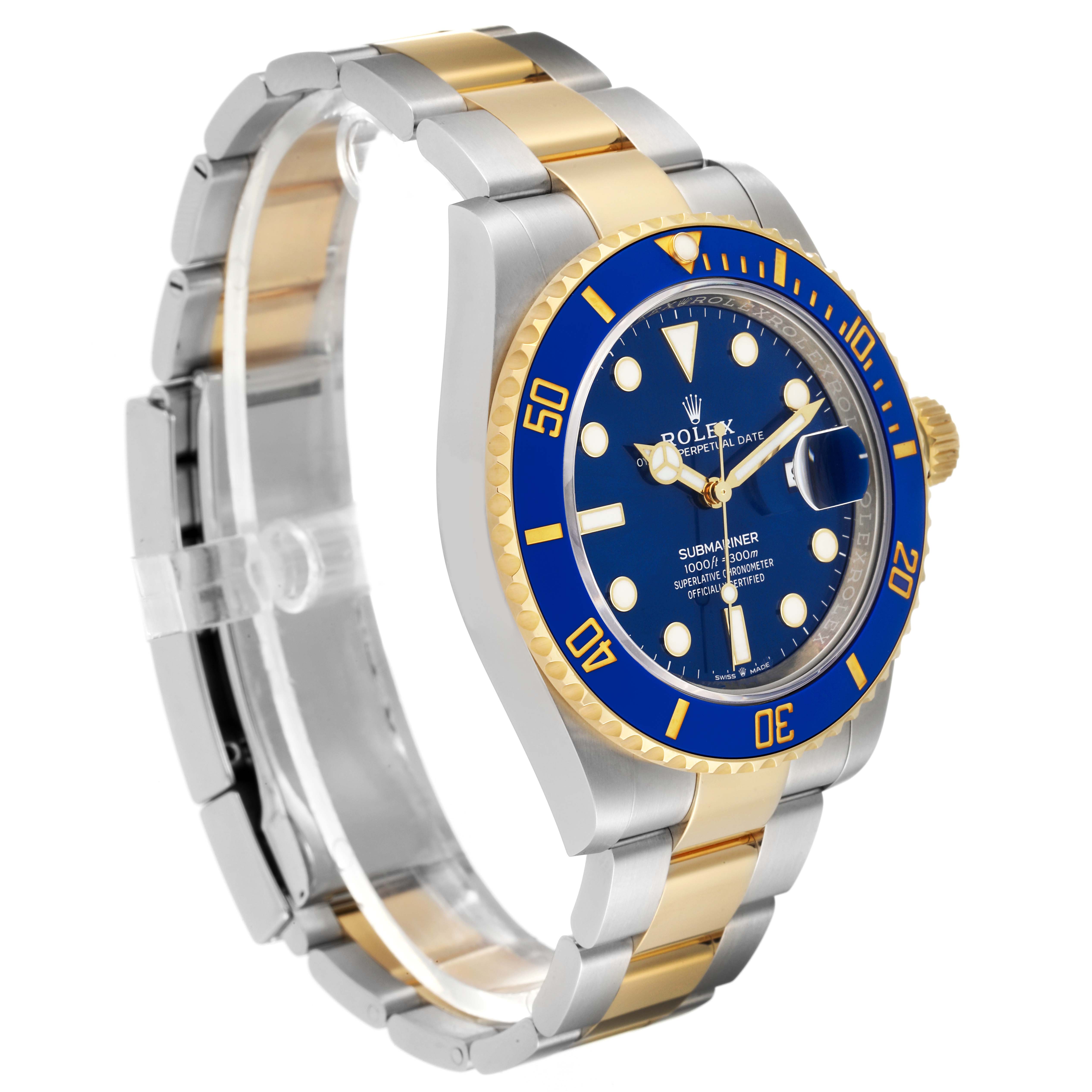 The Rolex Submariner 126613 Men's Steel and Gold (two tone) Blue Dial 126613 Men's Steel and Gold (two tone) Blue Dial watch is shown at a three-quarter angle, highlighting its blue dial, bezel, and two-tone bracelet.