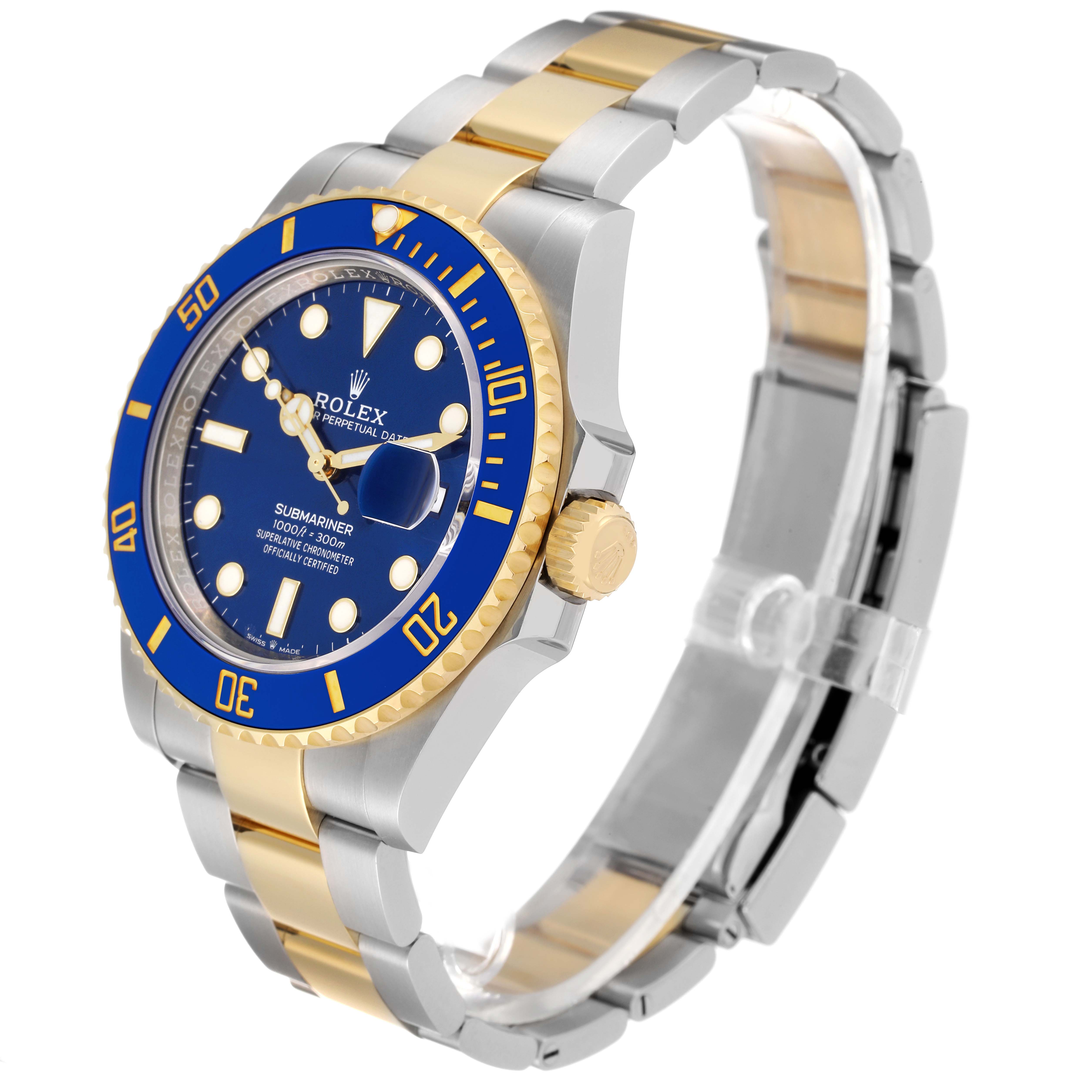 The image shows a Rolex Submariner 126613 Men's Steel and Gold (two tone) Blue Dial 126613 Men's Steel and Gold (two tone) Blue Dial watch at a three-quarter angle, displaying the face, bezel, crown, and bracelet.