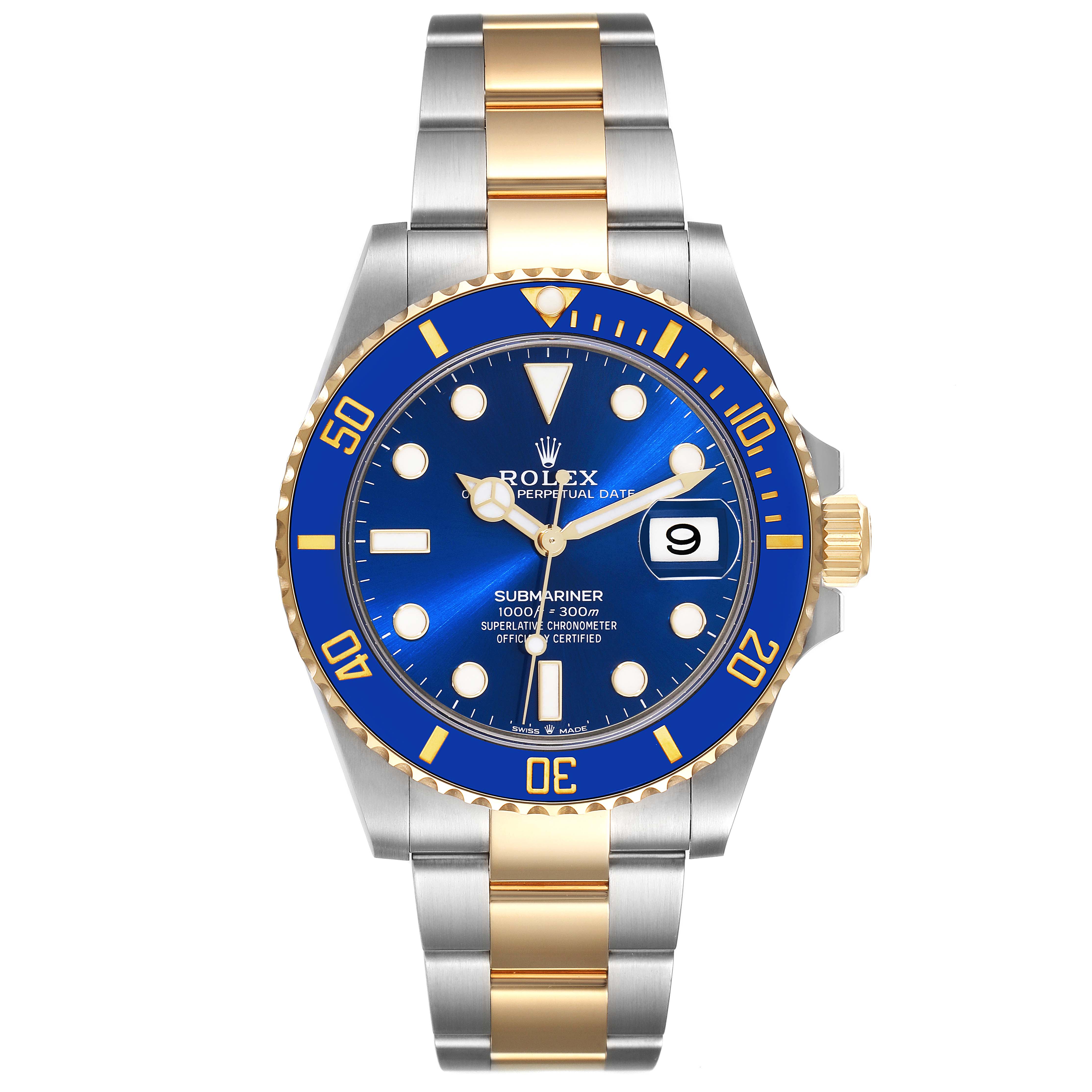 The image shows a Rolex Submariner 126613 Men's Steel and Gold (two tone) Blue Dial 126613 Men's Steel and Gold (two tone) Blue Dial watch viewed from the front, highlighting its blue dial, date display, and bi-metallic bracelet.