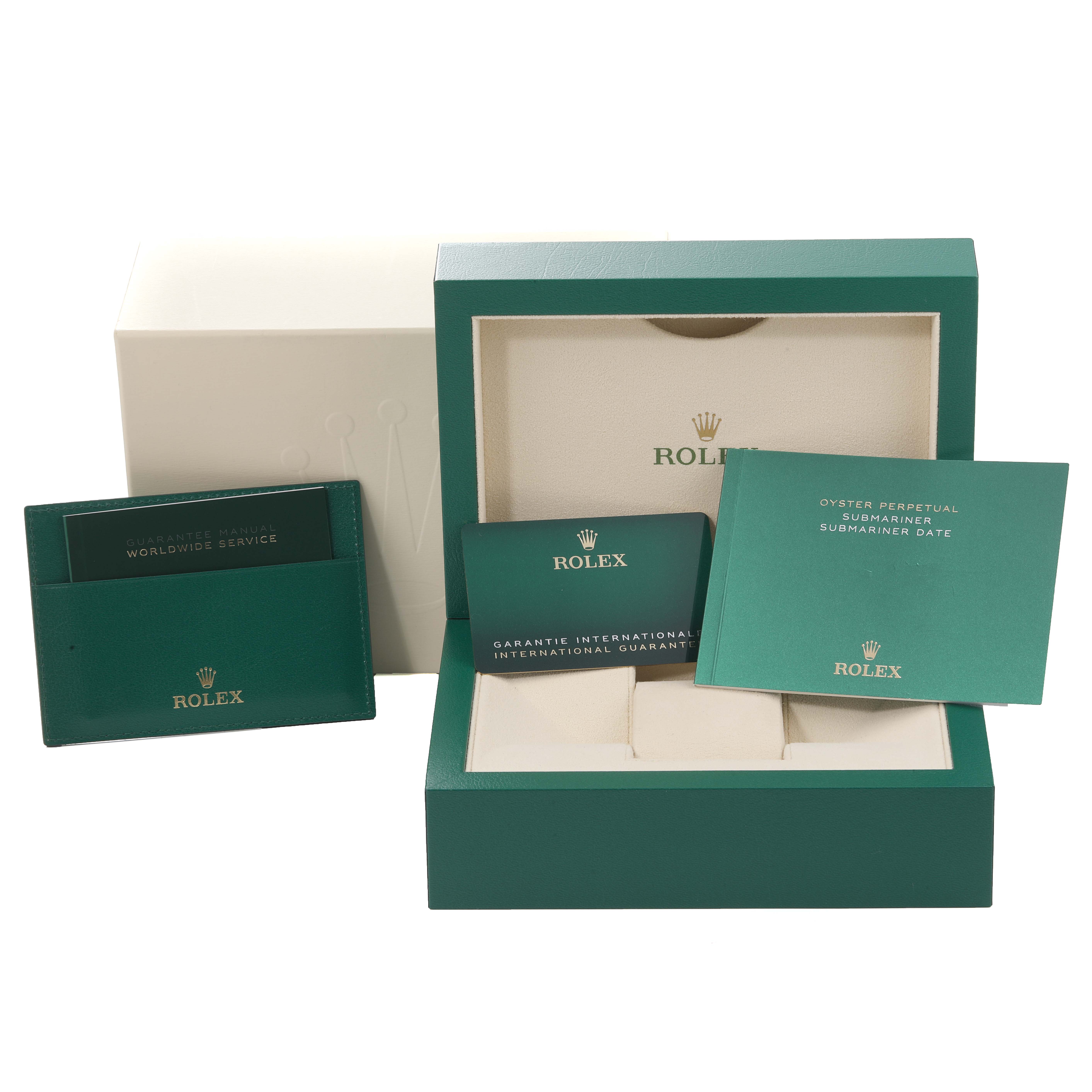 The image shows the packaging, warranty card, and manuals for a Rolex Submariner 126613 Men's Steel and Gold (two tone) Blue Dial 126613 Men's Steel and Gold (two tone) Blue Dial watch.