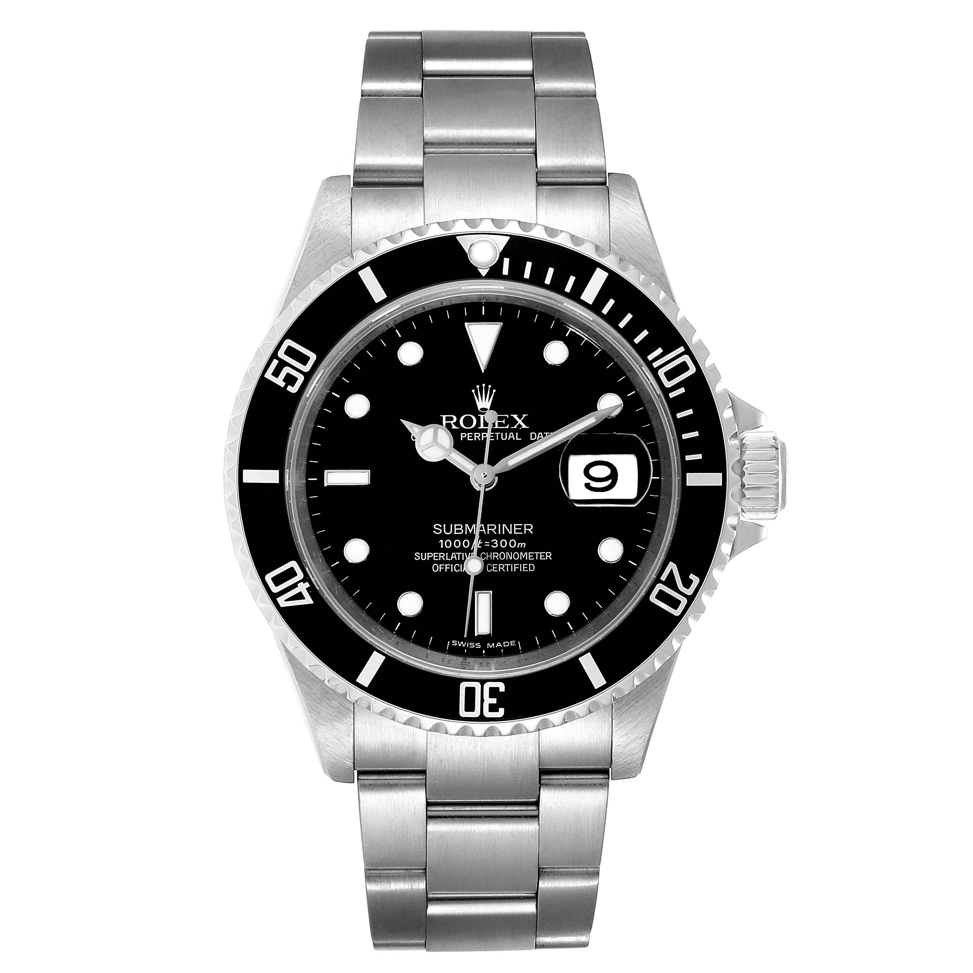 The Rolex Submariner 16610 Men
s Stainless Steel Black Dial 16610 Men
s Stainless Steel Black Dial watch is shown from a front angle, displaying the dial, bezel, and stainless steel bracelet.