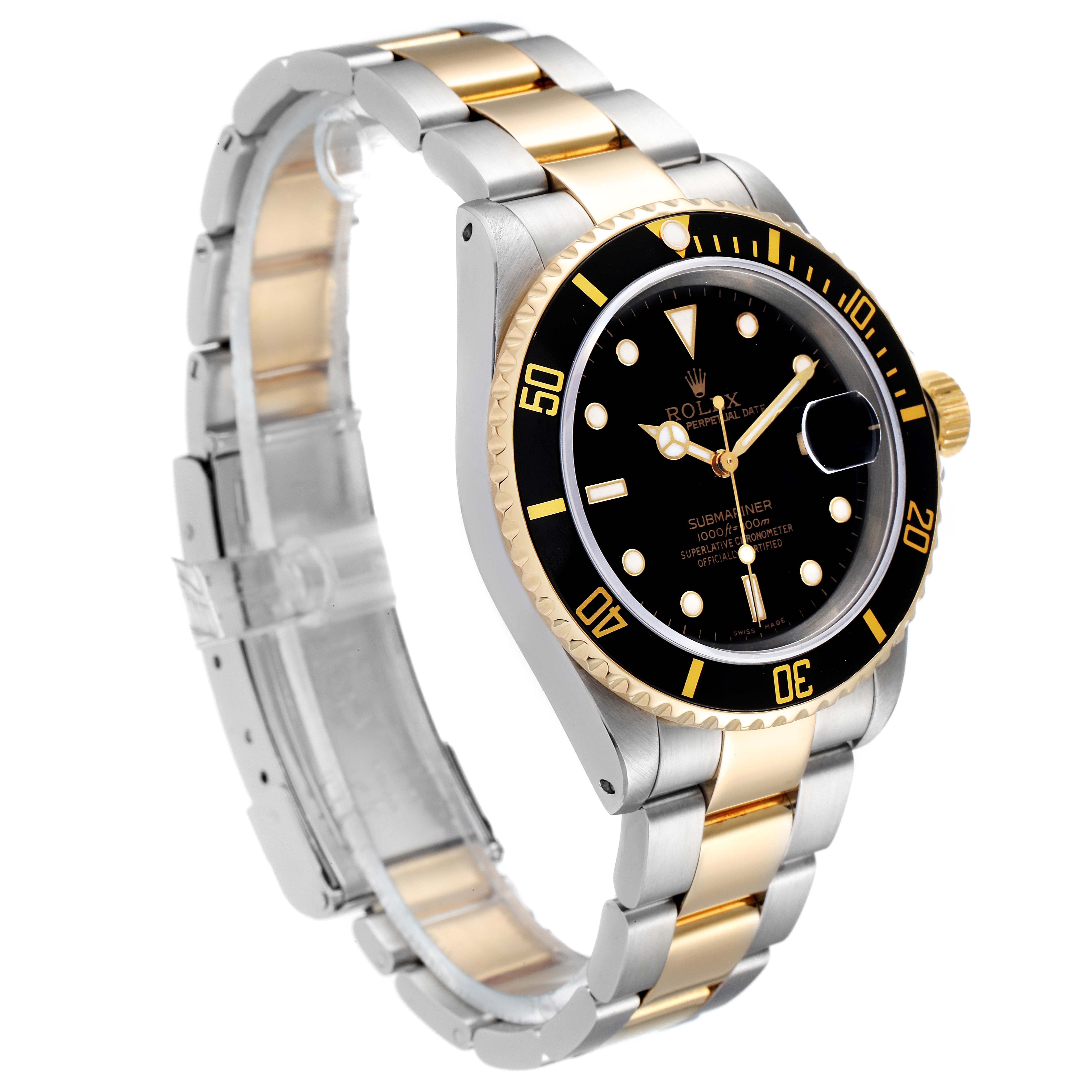 The image shows a side-angle view of the Rolex Submariner 16613 Men's Steel and Gold (two tone) Black Dial 16613 Men's Steel and Gold (two tone) Black Dial watch, displaying its black dial, bezel, and two-tone bracelet.