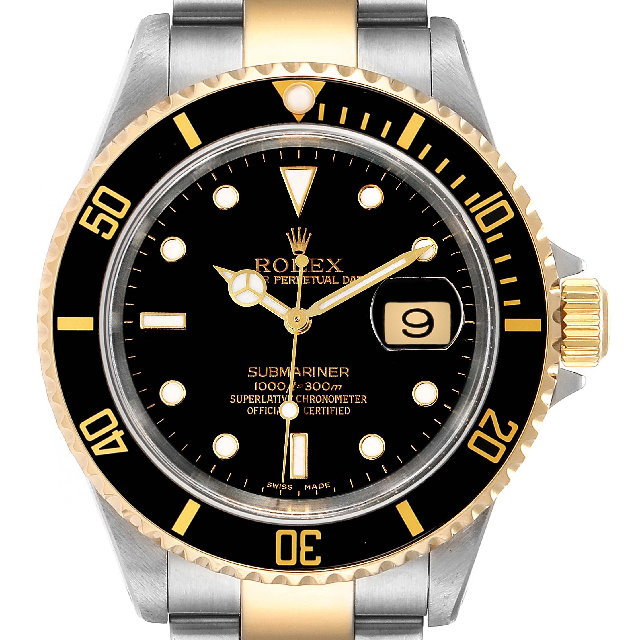 The image shows a frontal view of a Rolex Submariner 16613 Men's Steel and Gold (two tone) Black Dial 16613 Men's Steel and Gold (two tone) Black Dial watch, highlighting the dial, bezel, crown, and part of the bracelet.