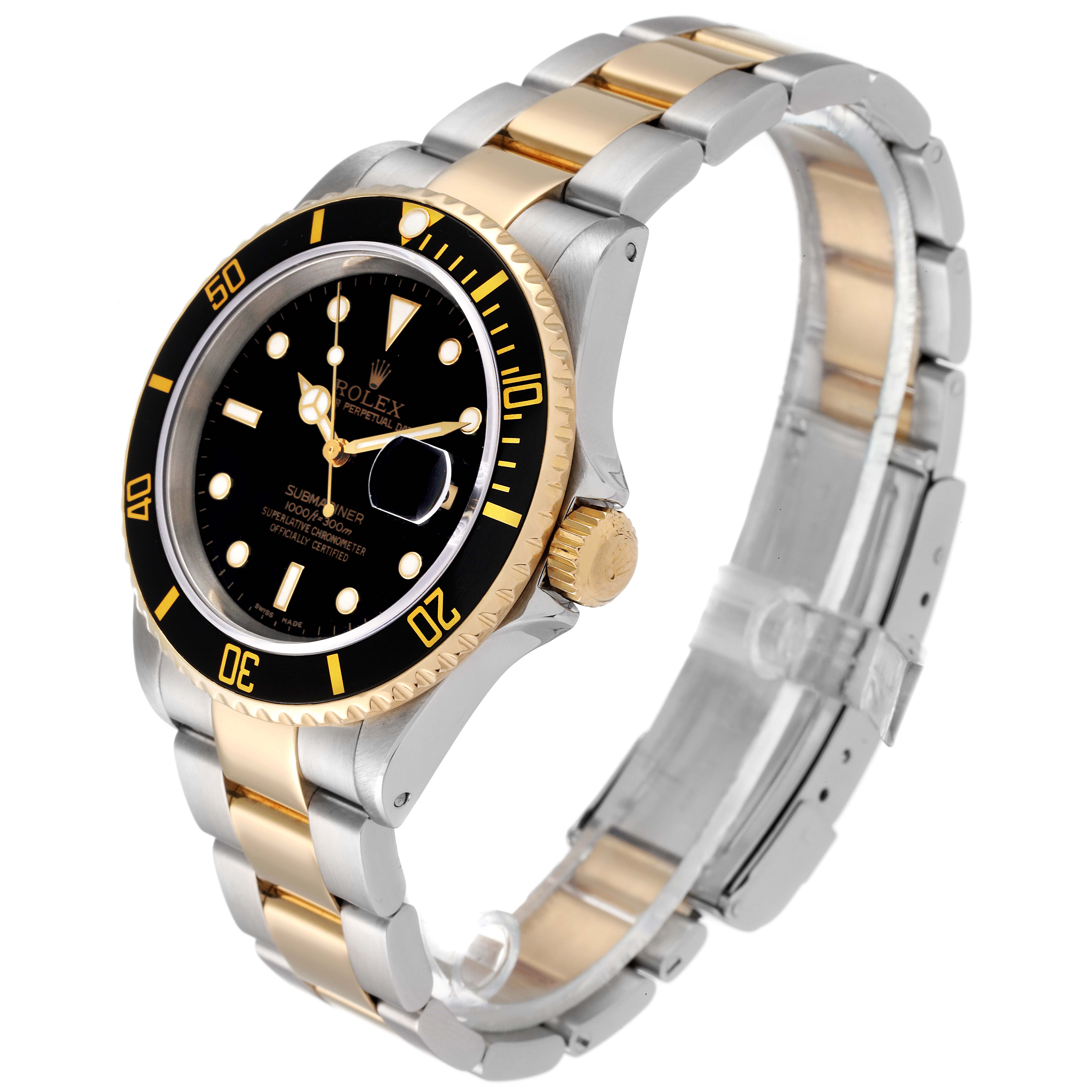 The Rolex Submariner 16613 Men's Steel and Gold (two tone) Black Dial 16613 Men's Steel and Gold (two tone) Black Dial watch is shown at an angled front view, highlighting the face, bezel, and two-tone bracelet.